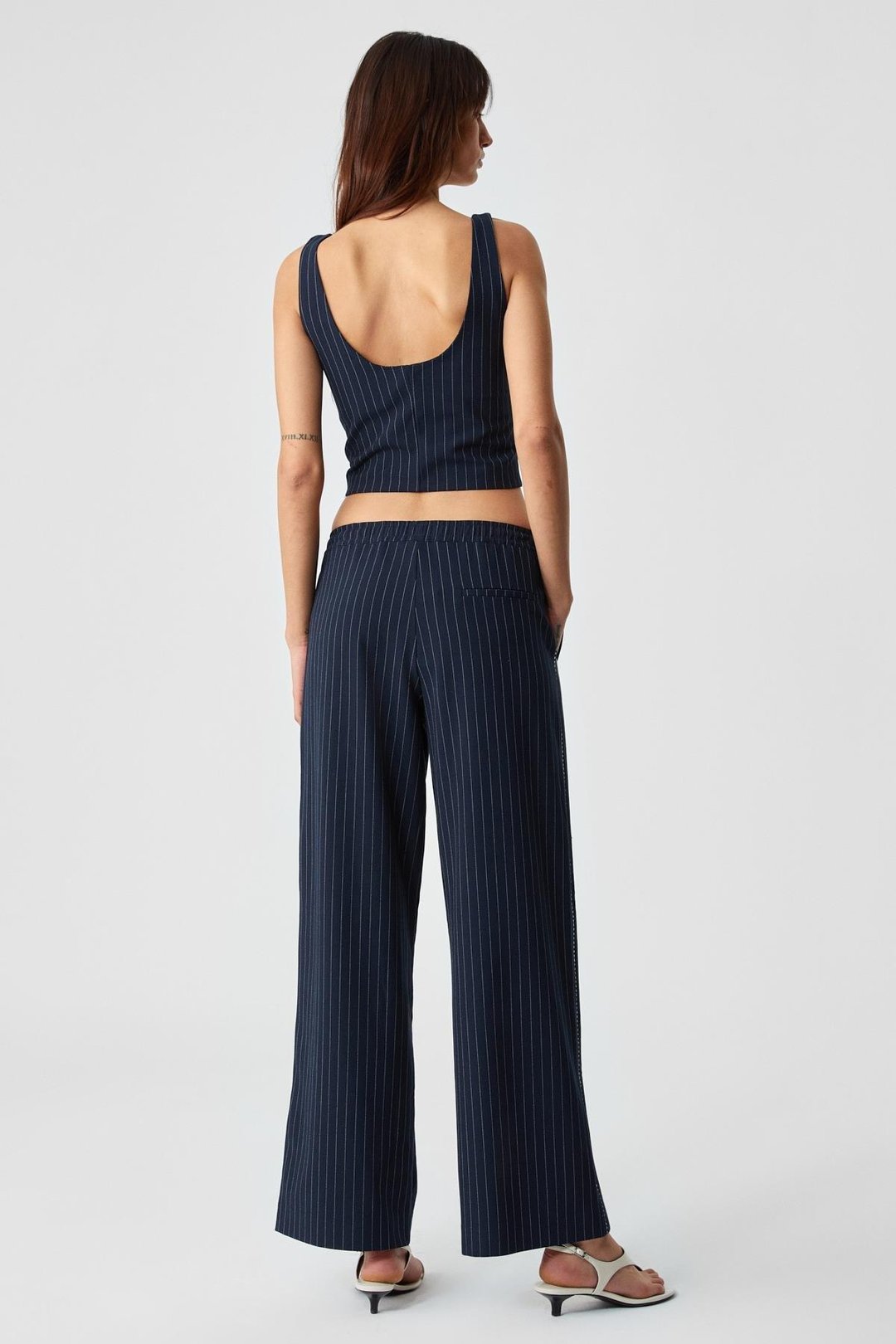 RAFUNSE Kadın Oversize Fermuarlı Çizgili Yüksek Bel Lacivert Pantolon