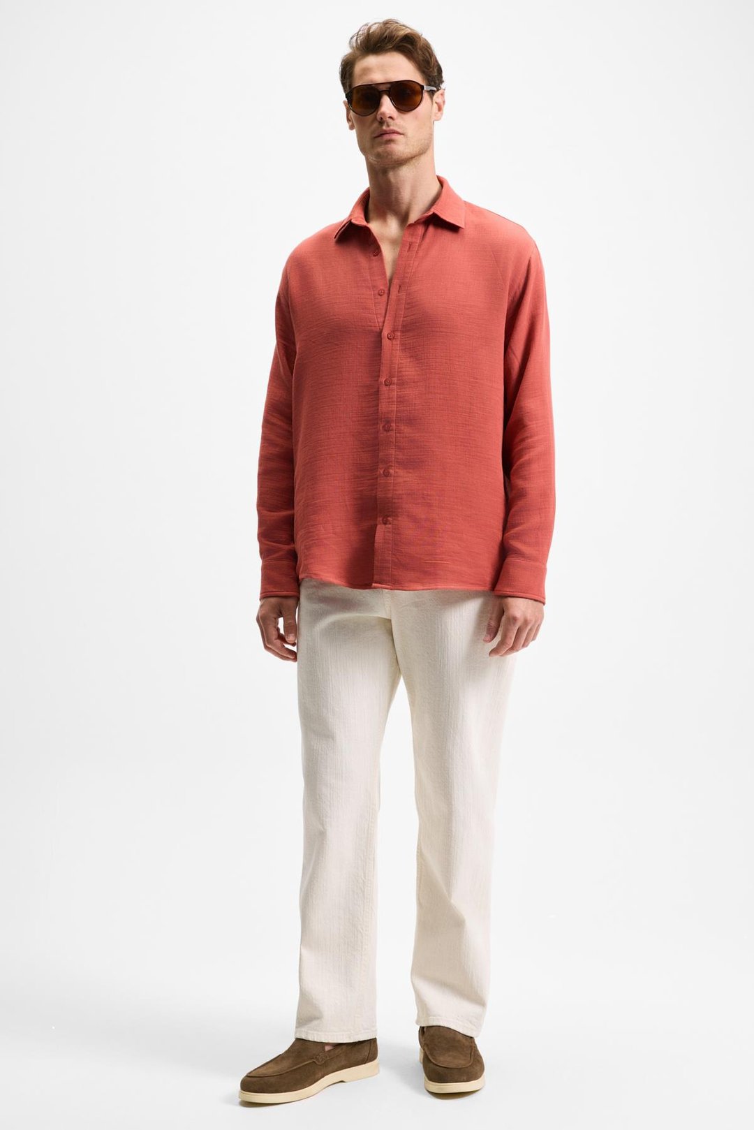 RAIMO Erkek %100 Pamuklu Manşetli Uzun Kol Comfort Fit Kiremit Rengi Gömlek