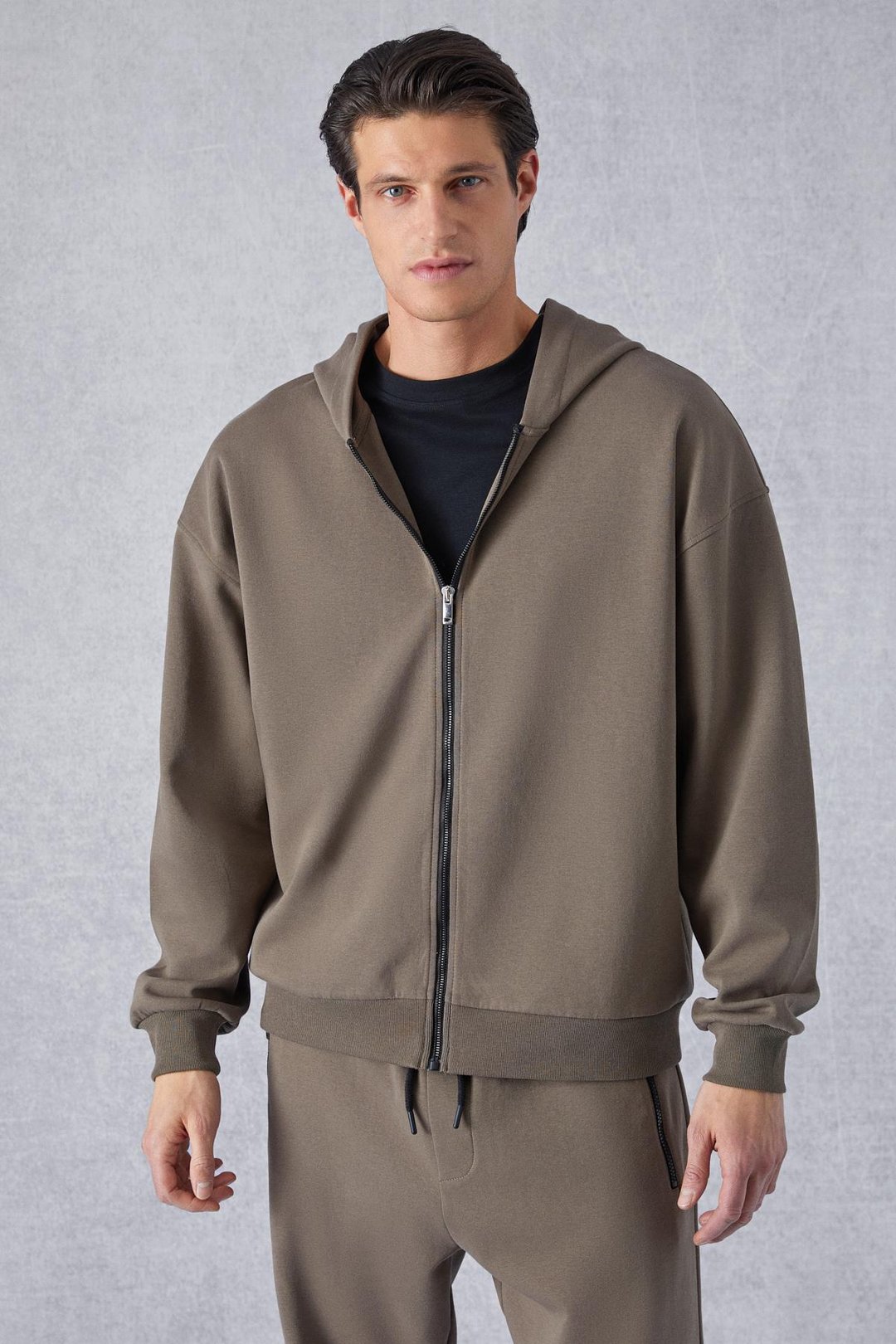 RALF Erkek Kapüşonlu Uzun Kol Baskı Detaylı Fermuarlı Oversize Koyu Kahverengi Ceket