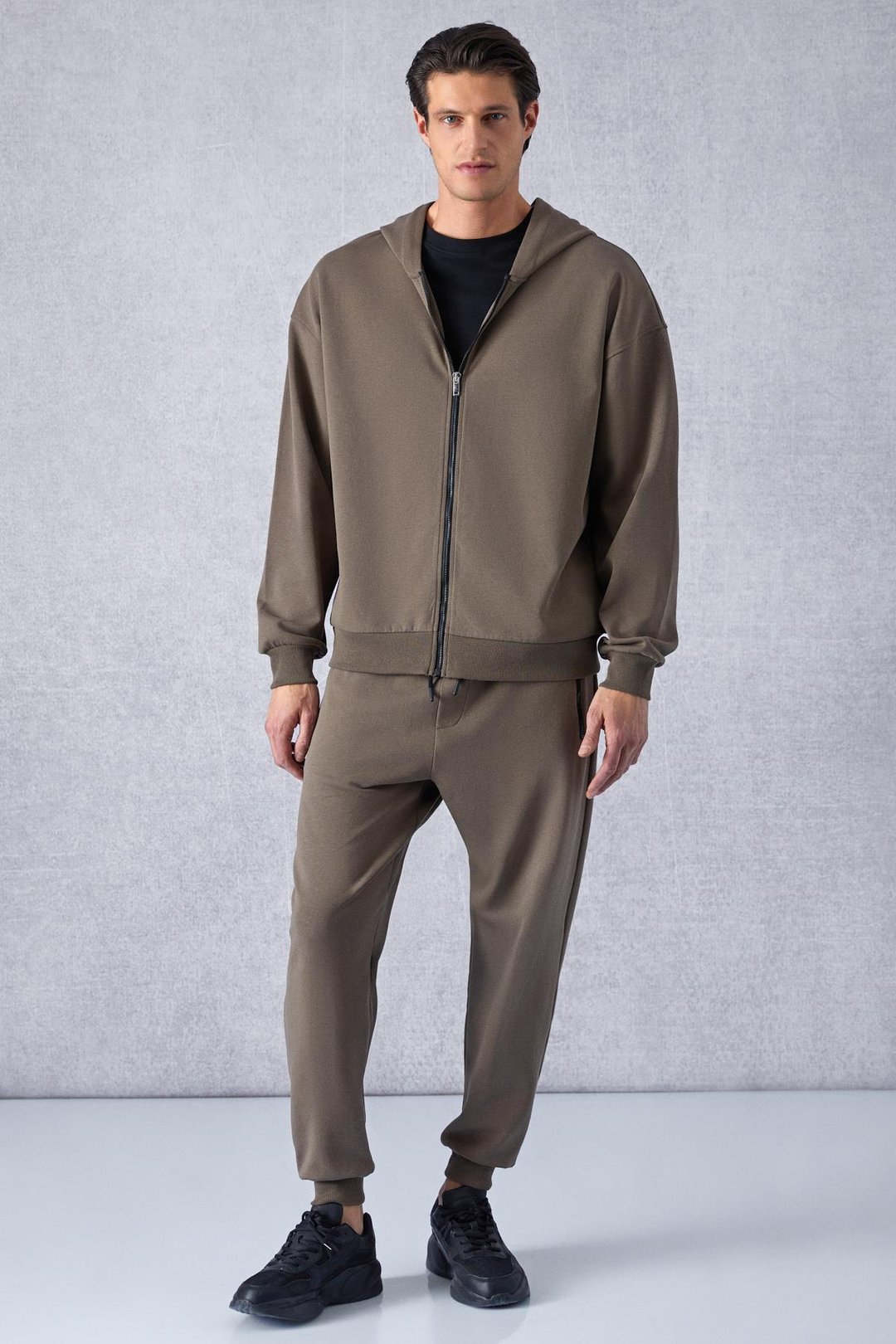 RALF Erkek Kapüşonlu Uzun Kol Baskı Detaylı Fermuarlı Oversize Koyu Kahverengi Ceket