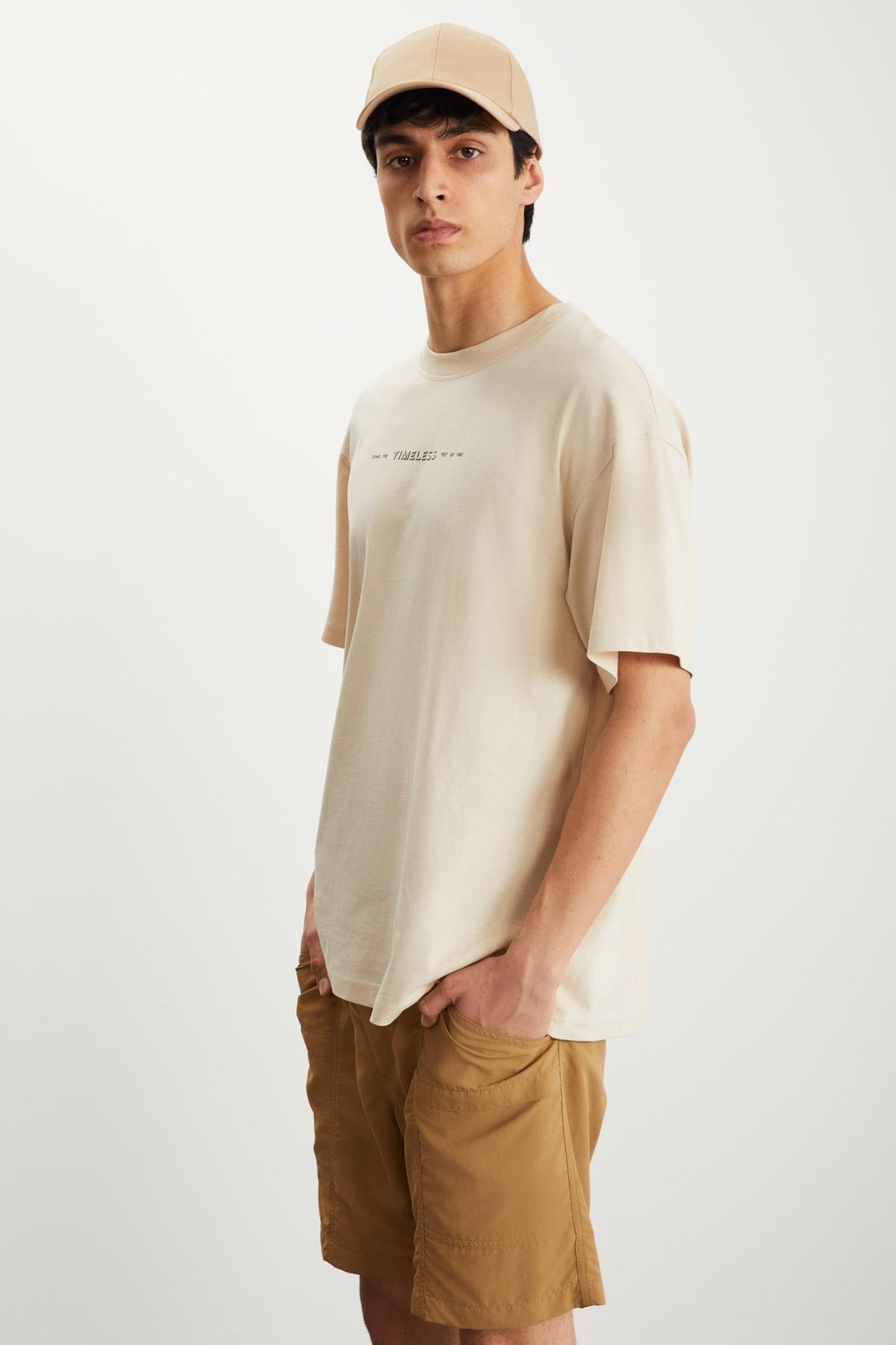 RAMADANP017 Erkek %100Pamuk Bisiklet Yaka Baskılı Bej T-Shirt