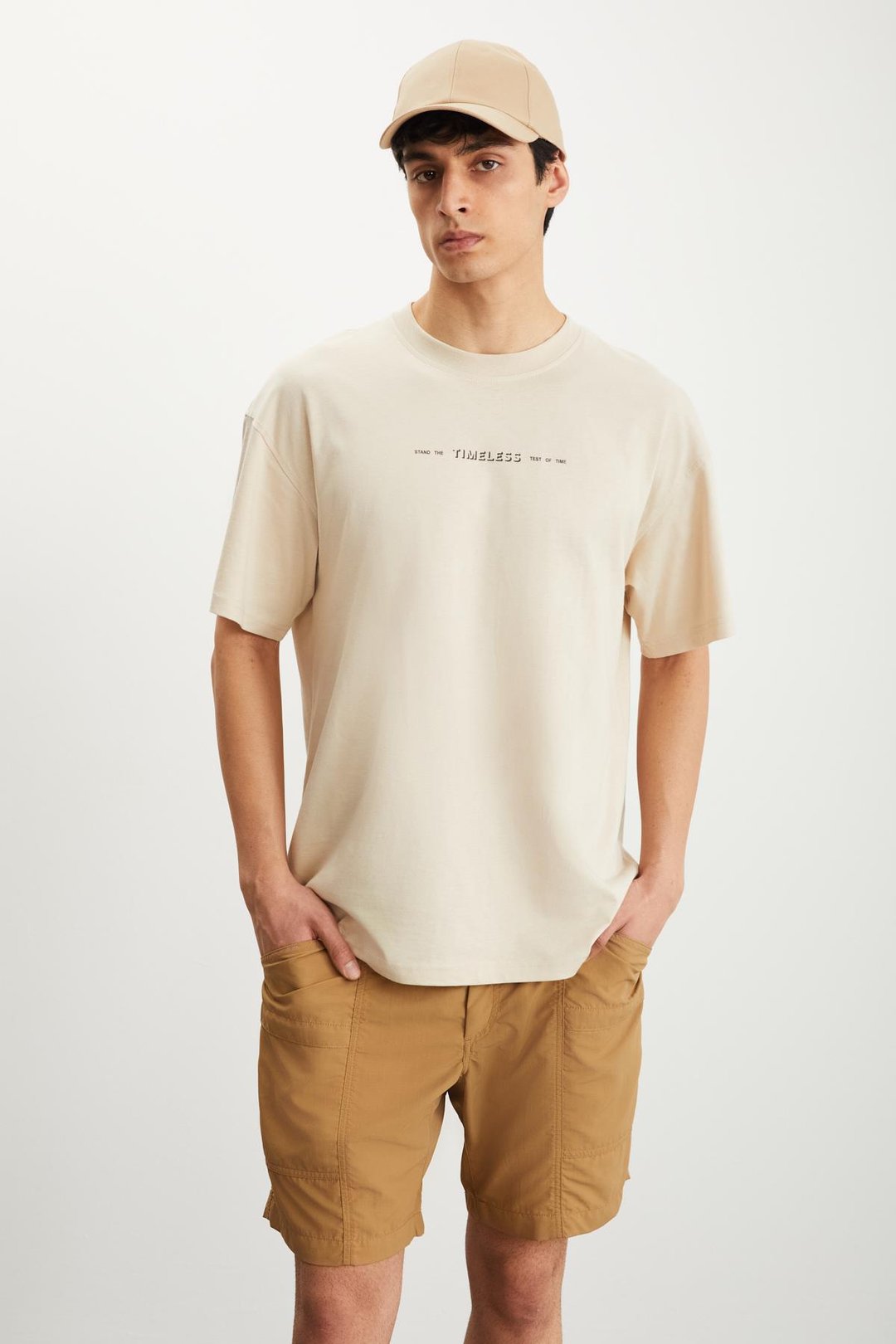 RAMADANP017 Erkek %100Pamuk Bisiklet Yaka Baskılı Bej T-Shirt