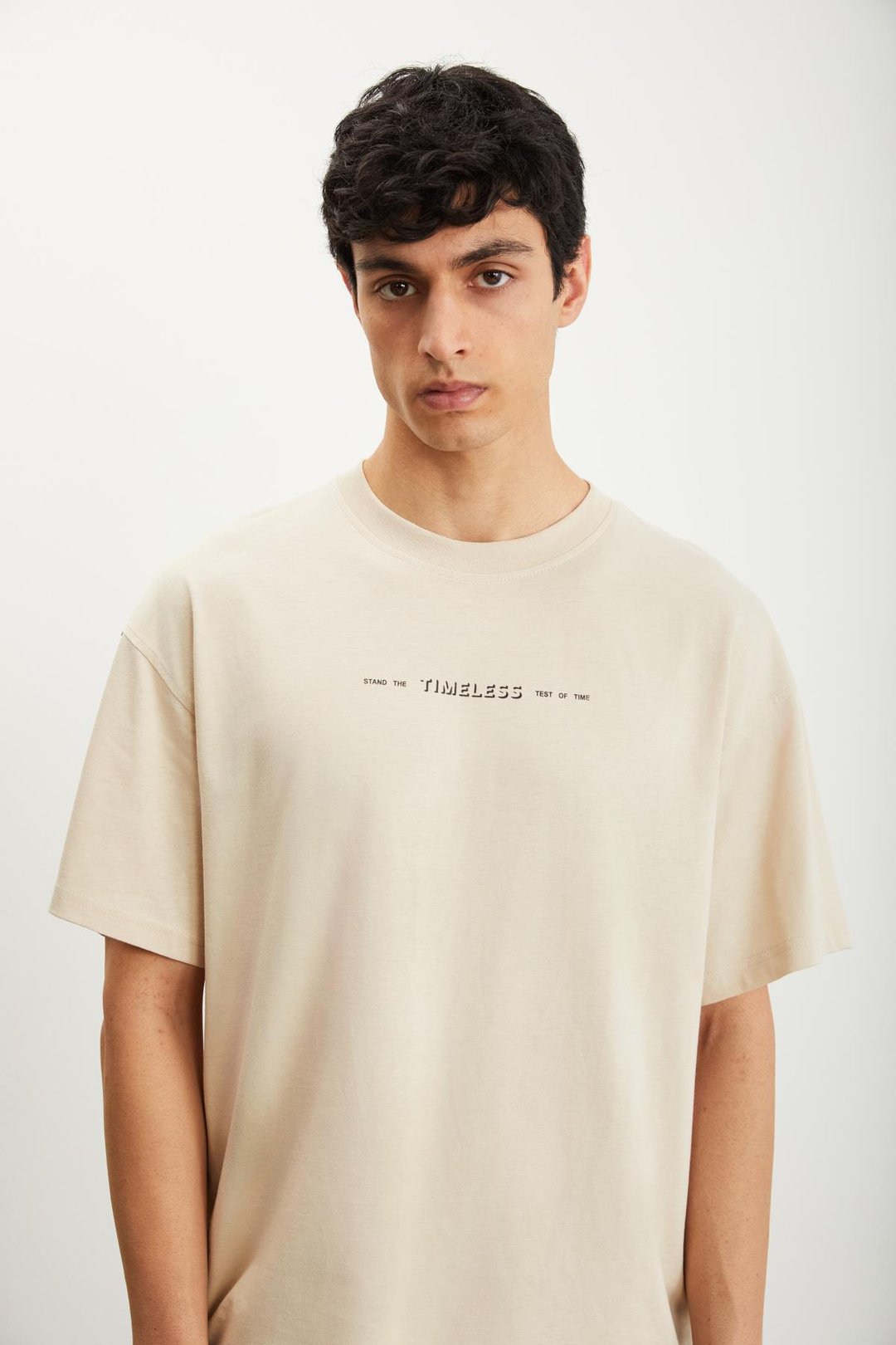 RAMADANP017 Erkek %100Pamuk Bisiklet Yaka Baskılı Bej T-Shirt