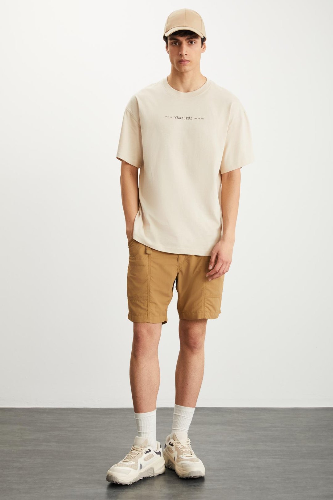 RAMADANP017 Erkek %100Pamuk Bisiklet Yaka Baskılı Bej T-Shirt