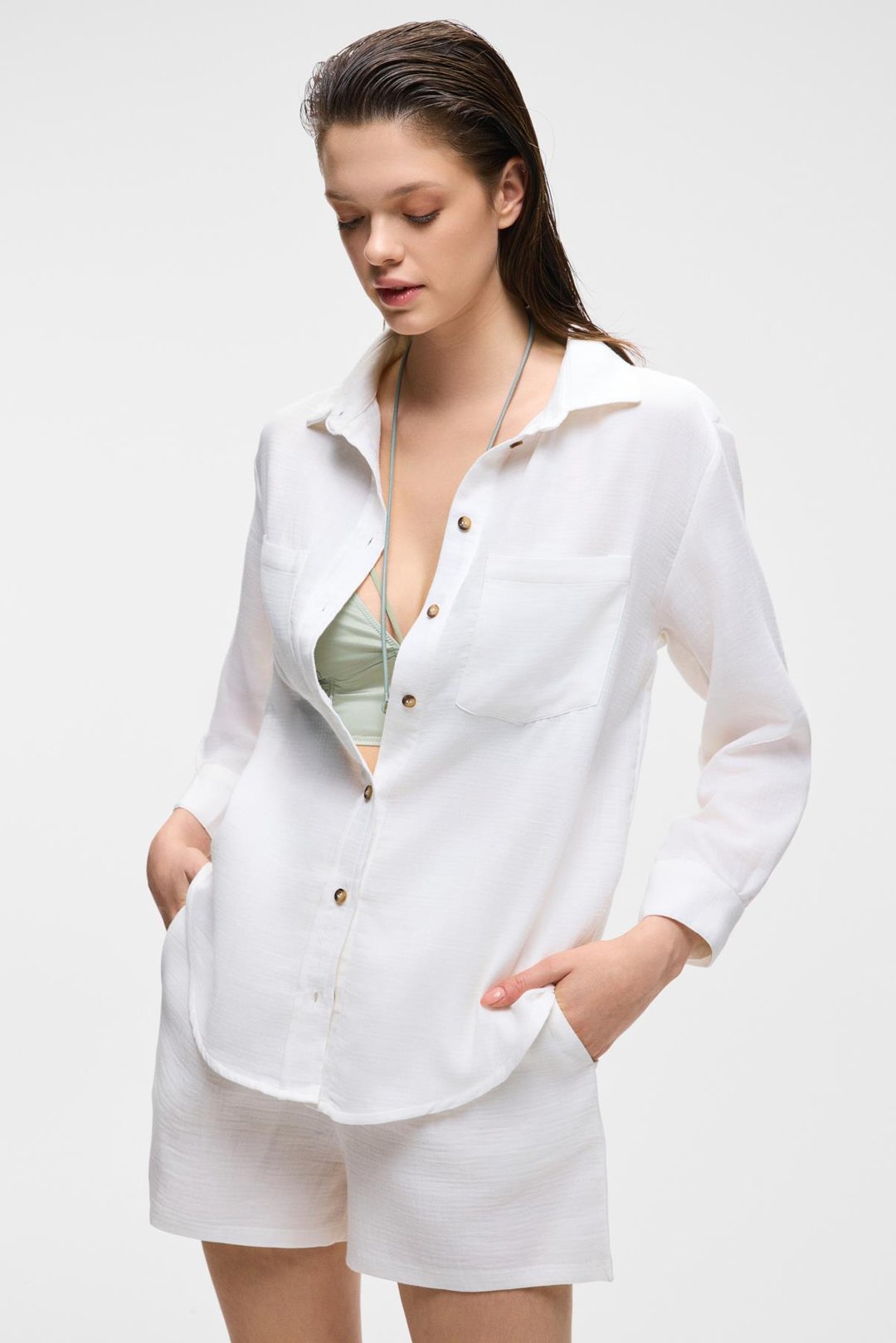 REA Kadın %100 Pamuk Rahat Kesim Regular Fit Ekru Gömlek