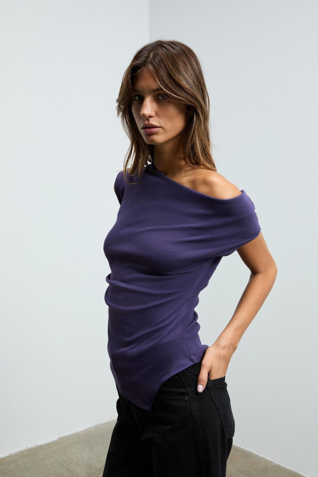 REHINGA Kadın Asimetrik Yaka Regular Kısa Kol Mor Bluz