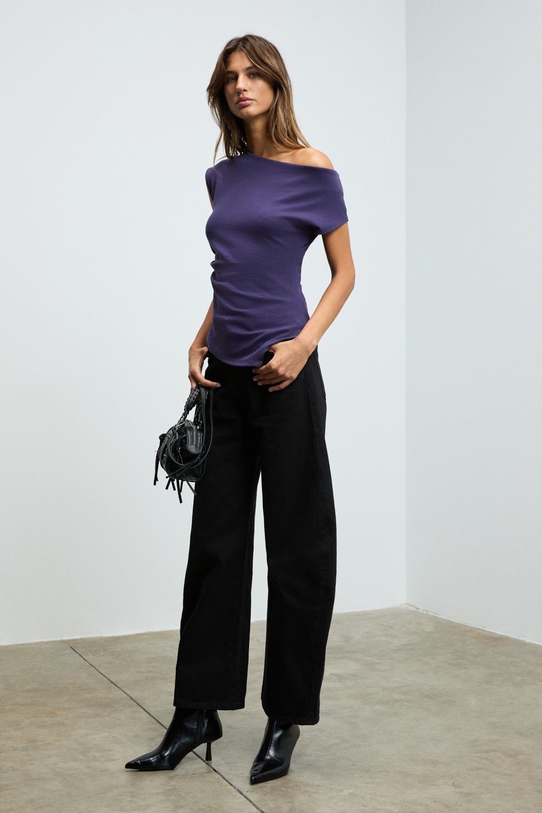 REHINGA Kadın Asimetrik Yaka Regular Kısa Kol Mor Bluz