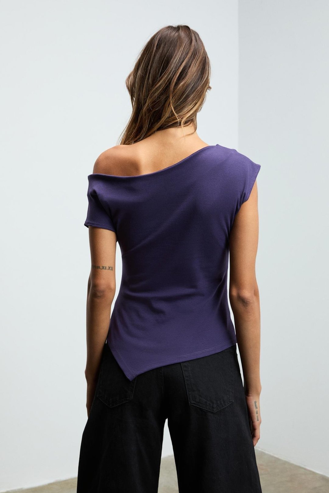 REHINGA Kadın Asimetrik Yaka Regular Kısa Kol Mor Bluz