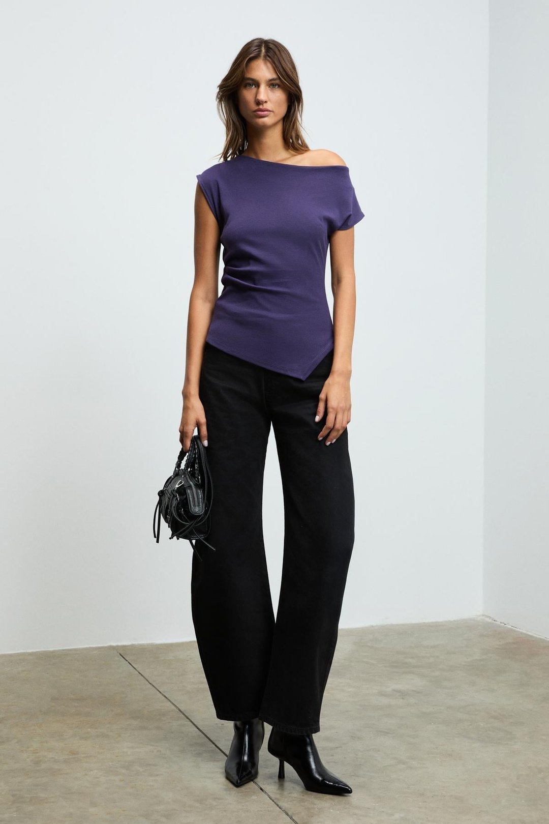 REHINGA Kadın Asimetrik Yaka Regular Kısa Kol Mor Bluz