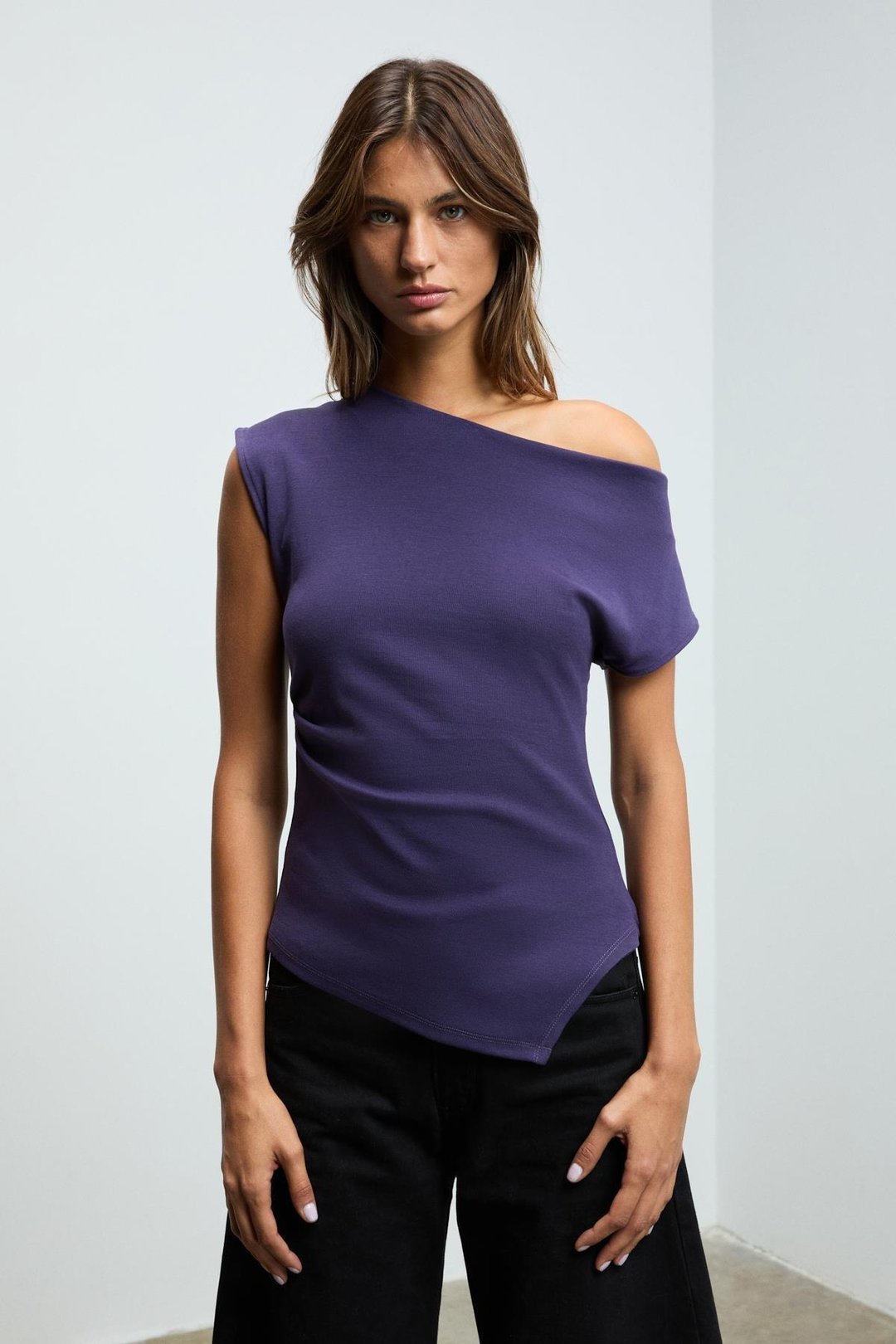 REHINGA Kadın Asimetrik Yaka Regular Kısa Kol Mor Bluz