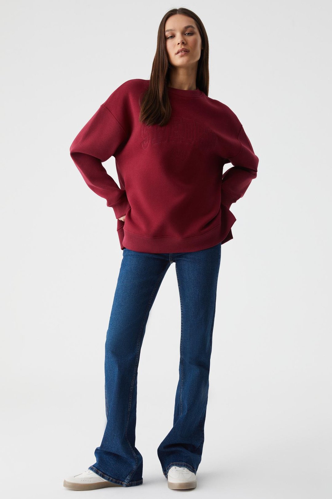 RICENNI Kadın Bisiklet Yaka Oversize Bordo Sweatshirt