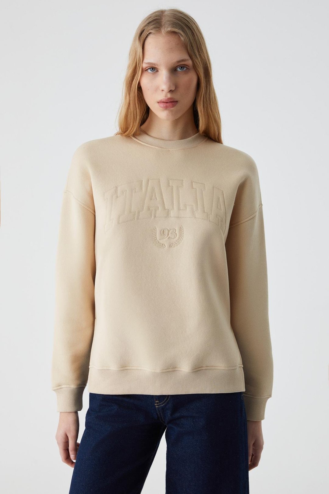 RICENNI Kadın Bisiklet Yaka Oversize Taş Rengi Sweatshirt