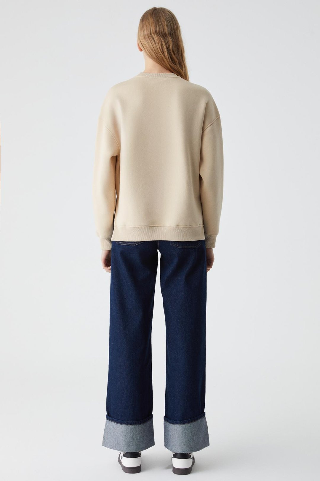 RICENNI Kadın Bisiklet Yaka Oversize Taş Rengi Sweatshirt