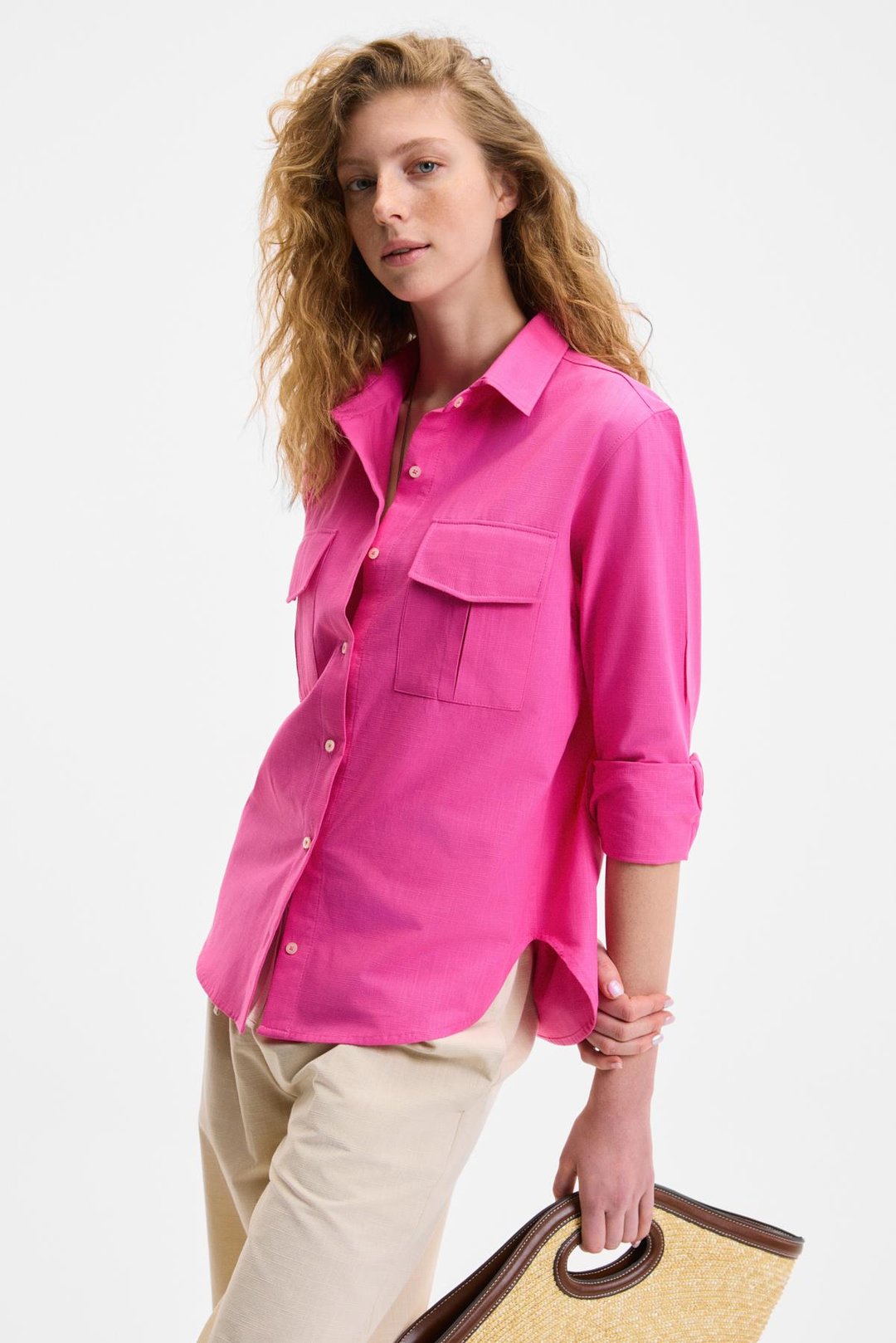 RIGO Kadın Gömlek Yaka Uzun Kol Regular Uzun İnce Fuşya Gömlek