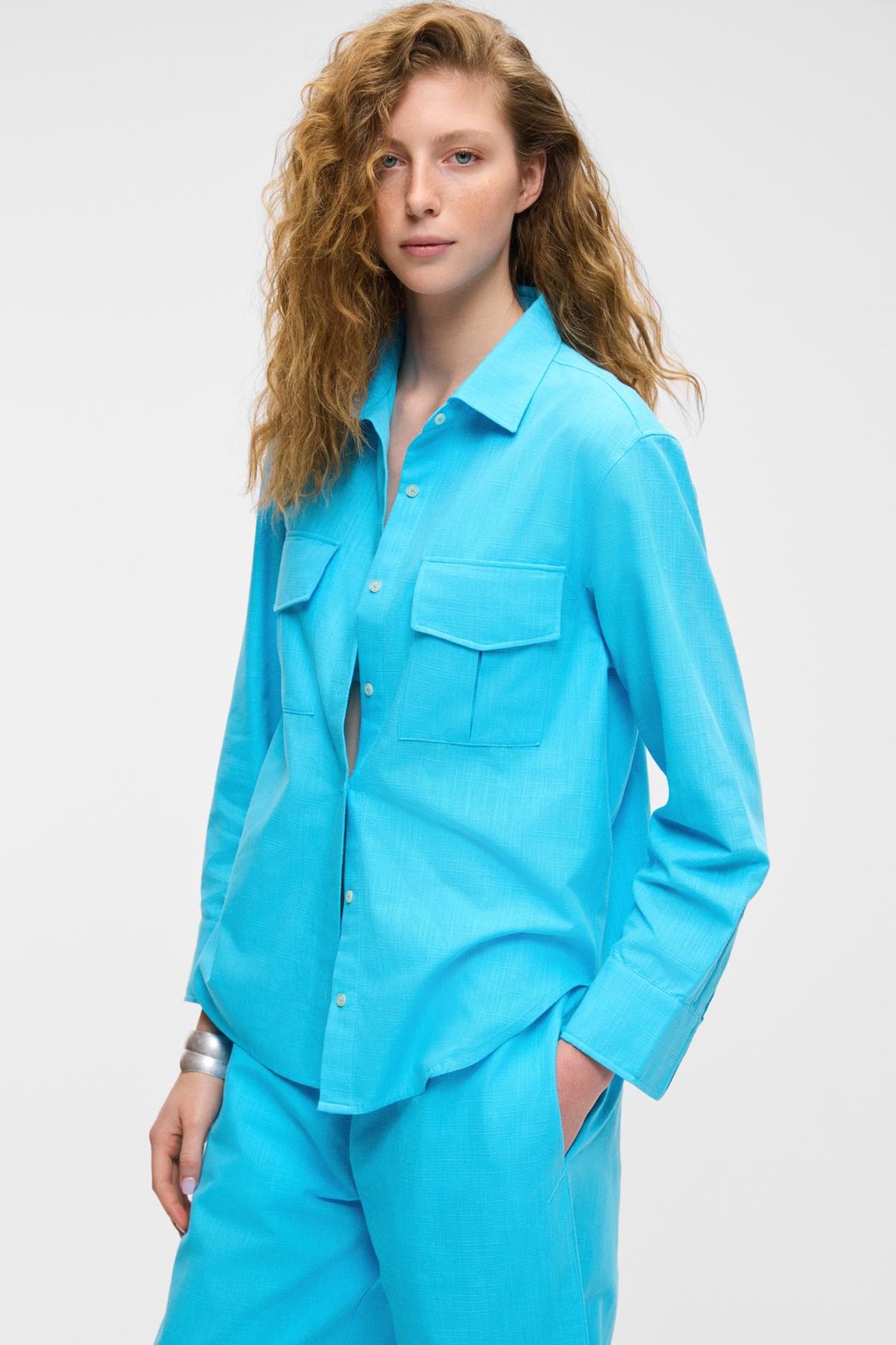 RIGO Kadın Gömlek Yaka Uzun Kol Regular Uzun İnce Mavi Gömlek