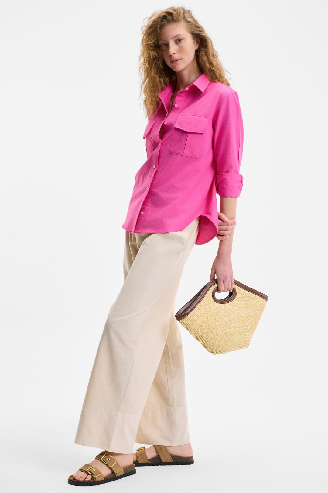 RIGO Kadın Gömlek Yaka Uzun Kol Regular Uzun İnce Fuşya Gömlek