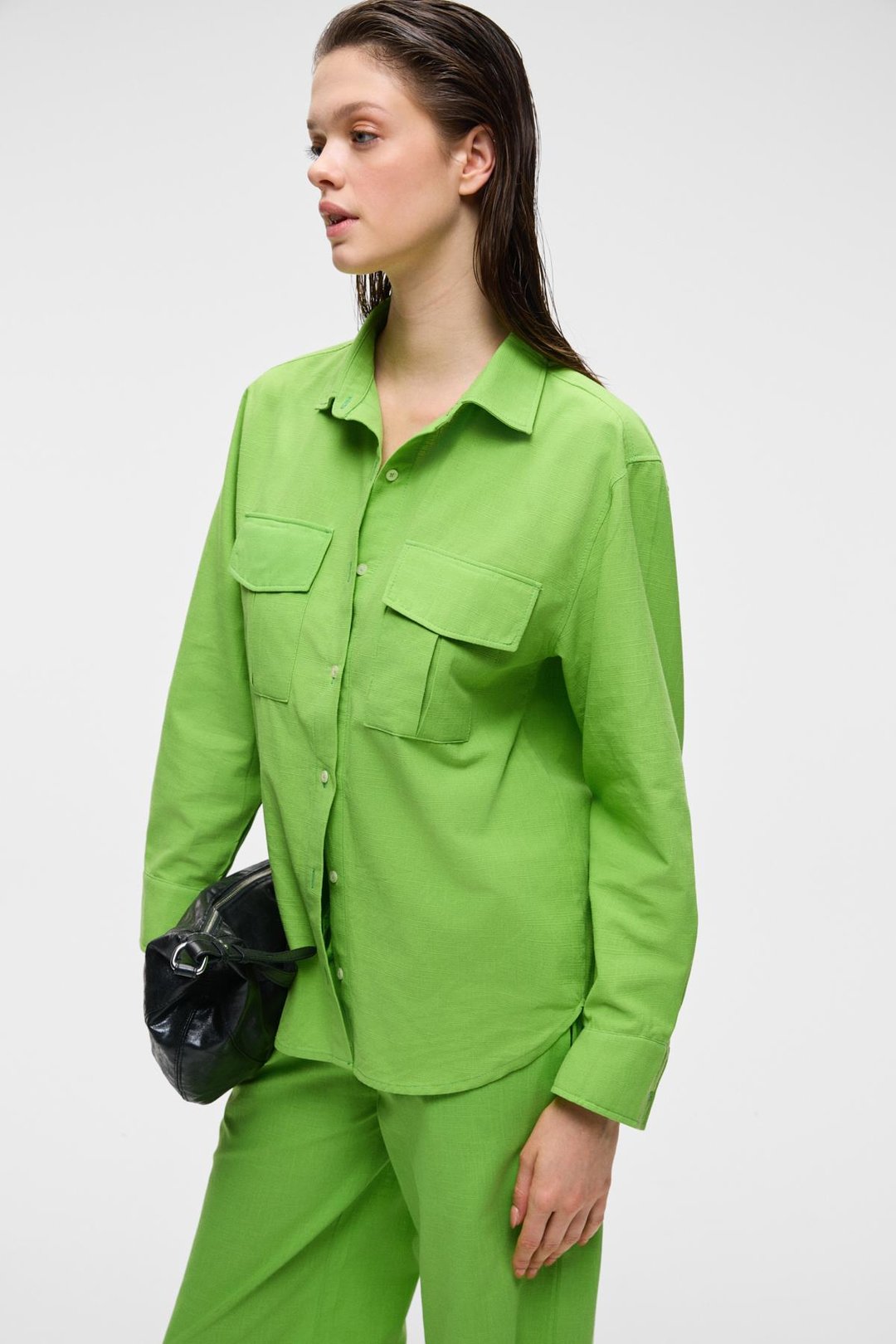 RIGO Kadın Gömlek Yaka Uzun Kol Regular Uzun İnce Yeşil Gömlek