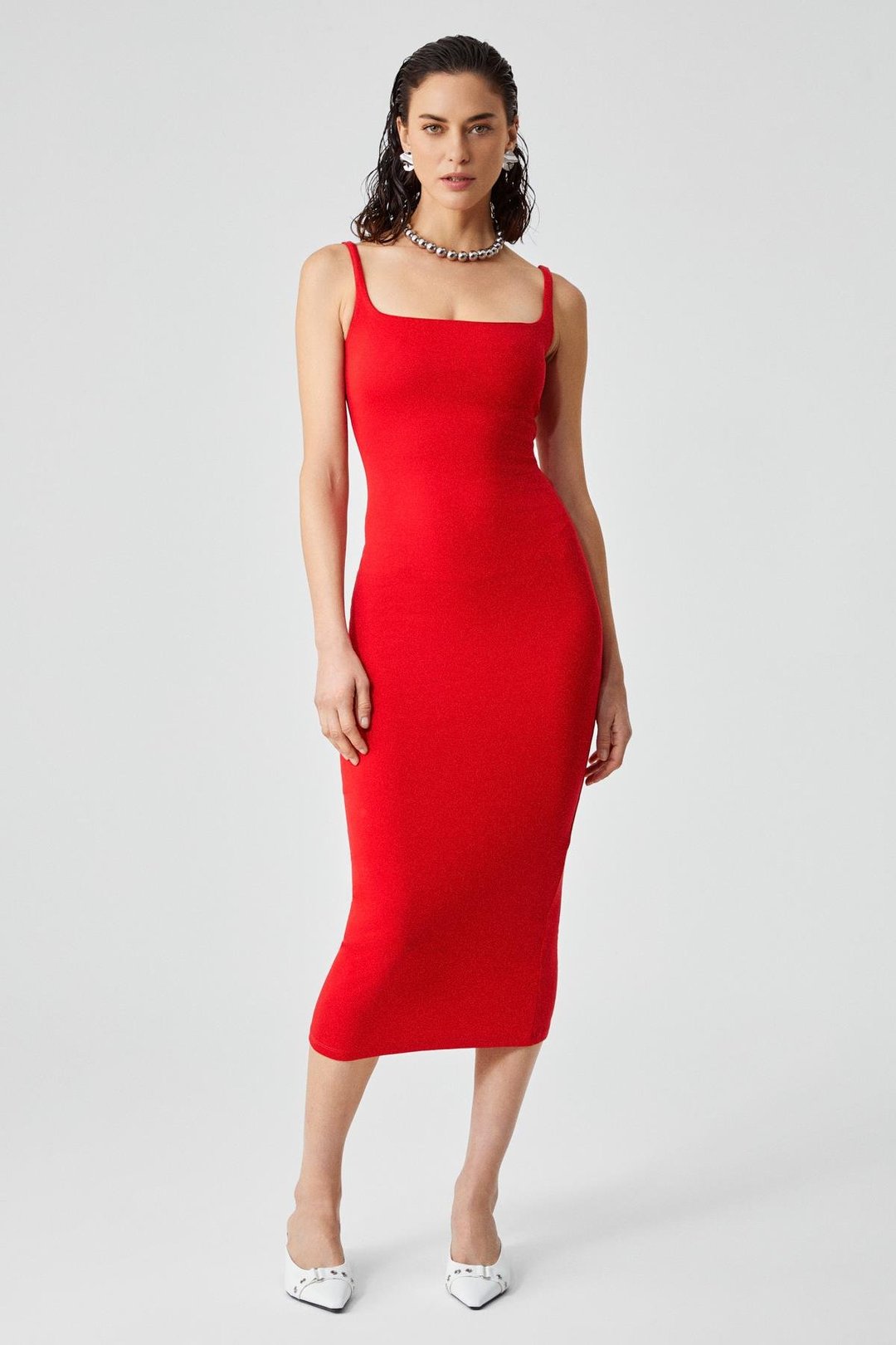 RINIA Kadın Slim Fit Geniş Yaka Askılı Kırmızı Elbise