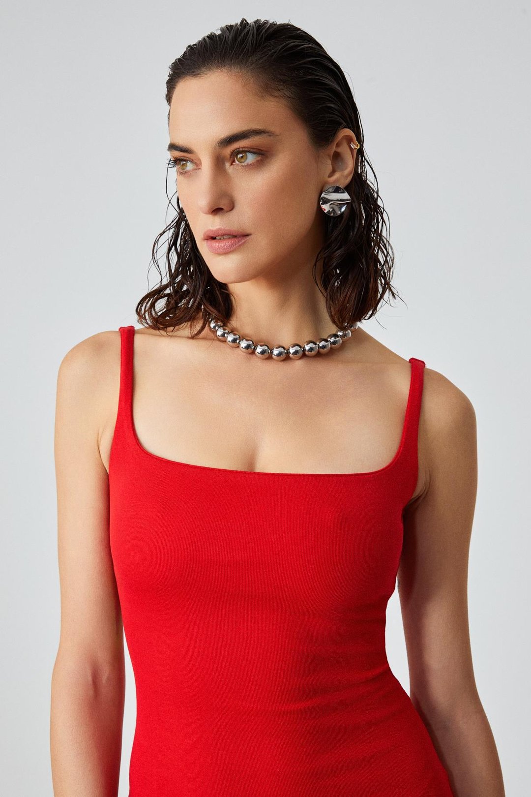 RINIA Kadın Slim Fit Geniş Yaka Askılı Kırmızı Elbise