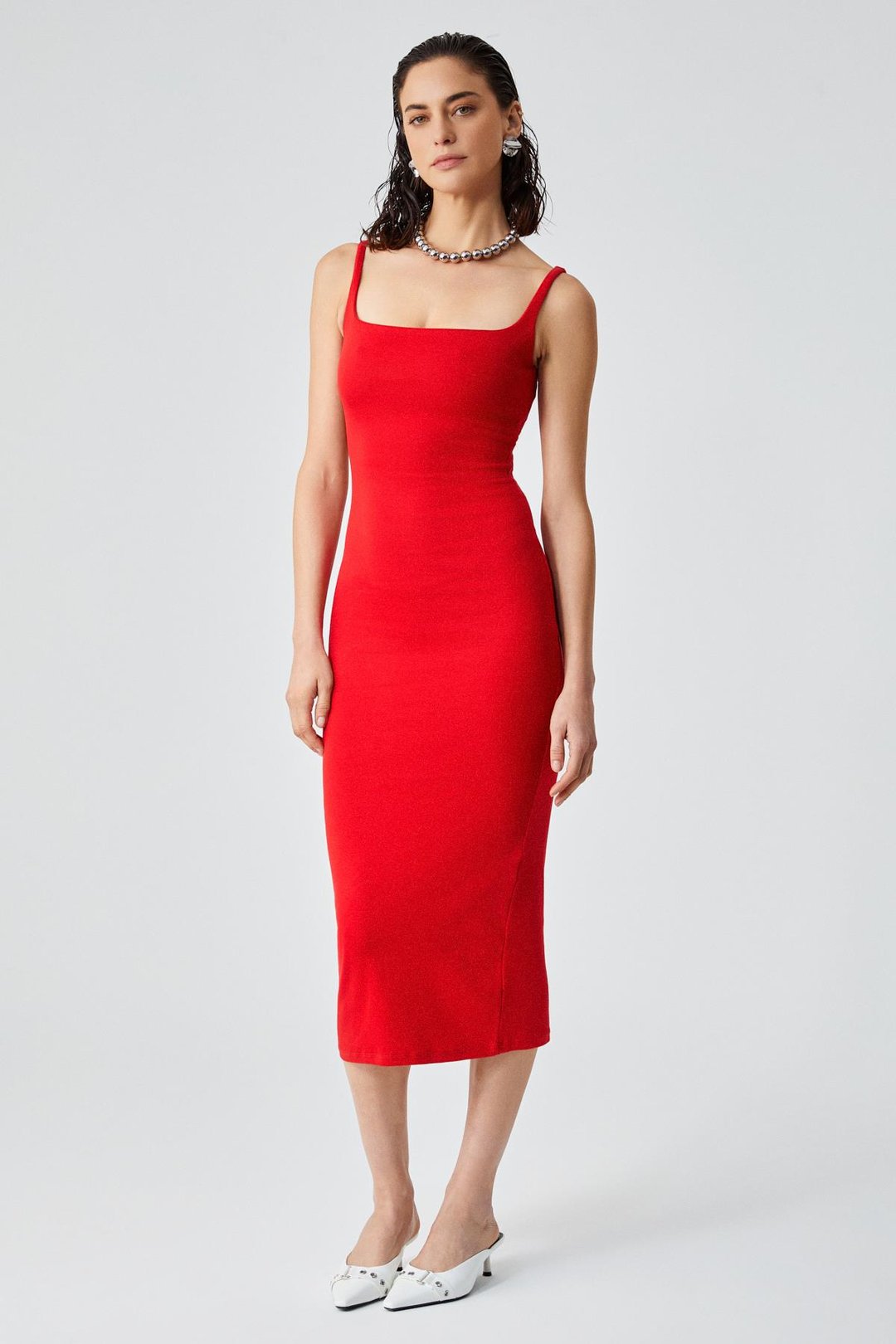 RINIA Kadın Slim Fit Geniş Yaka Askılı Kırmızı Elbise