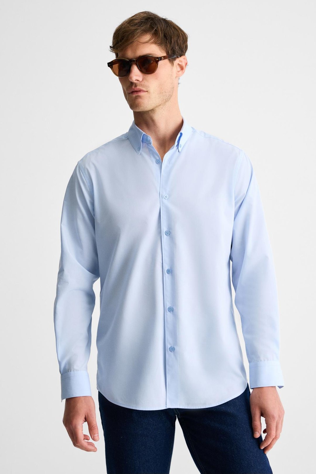 RISTO Erkek Düğmeli Yıkama Sonrası Ütü İhtiyacını En Aza İndiren Kumaş Gömlek Yaka Manşetli Mavi Gömlek