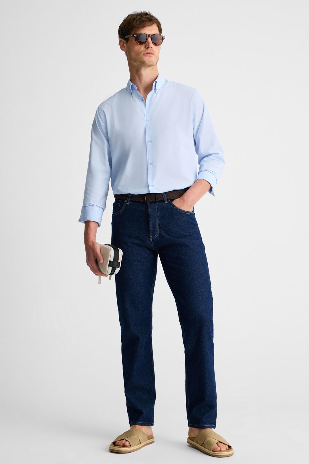 RISTO Erkek Düğmeli Yıkama Sonrası Ütü İhtiyacını En Aza İndiren Kumaş Gömlek Yaka Manşetli Mavi Gömlek