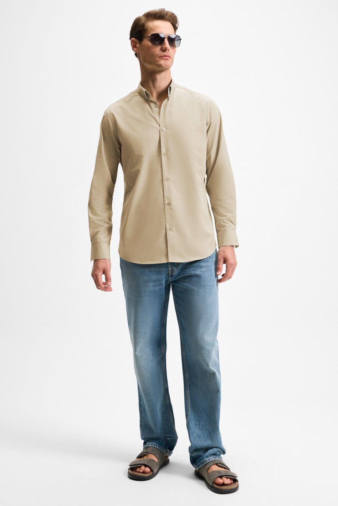 RISTO Erkek Düğmeli Yıkama Sonrası Ütü İhtiyacını En Aza İndiren Kumaş Gömlek Yaka Manşetli Bej Gömlek