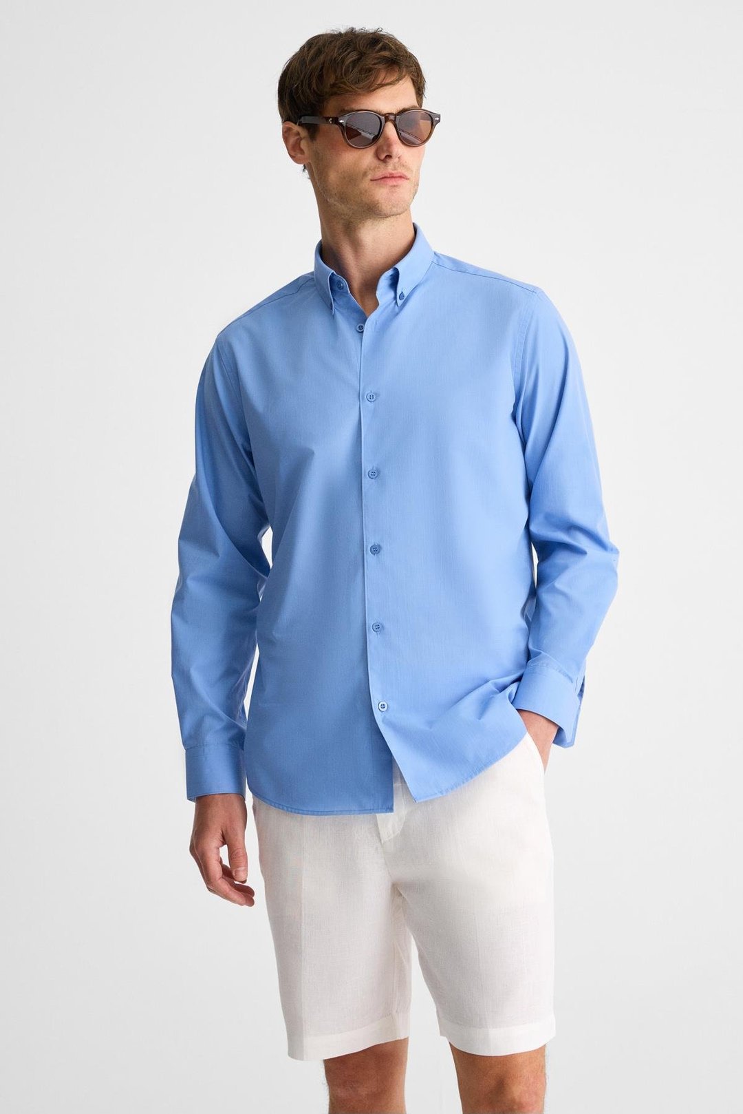 RISTO Erkek Düğmeli Yıkama Sonrası Ütü İhtiyacını En Aza İndiren Kumaş Gömlek Yaka Manşetli Koyu Mavi Gömlek