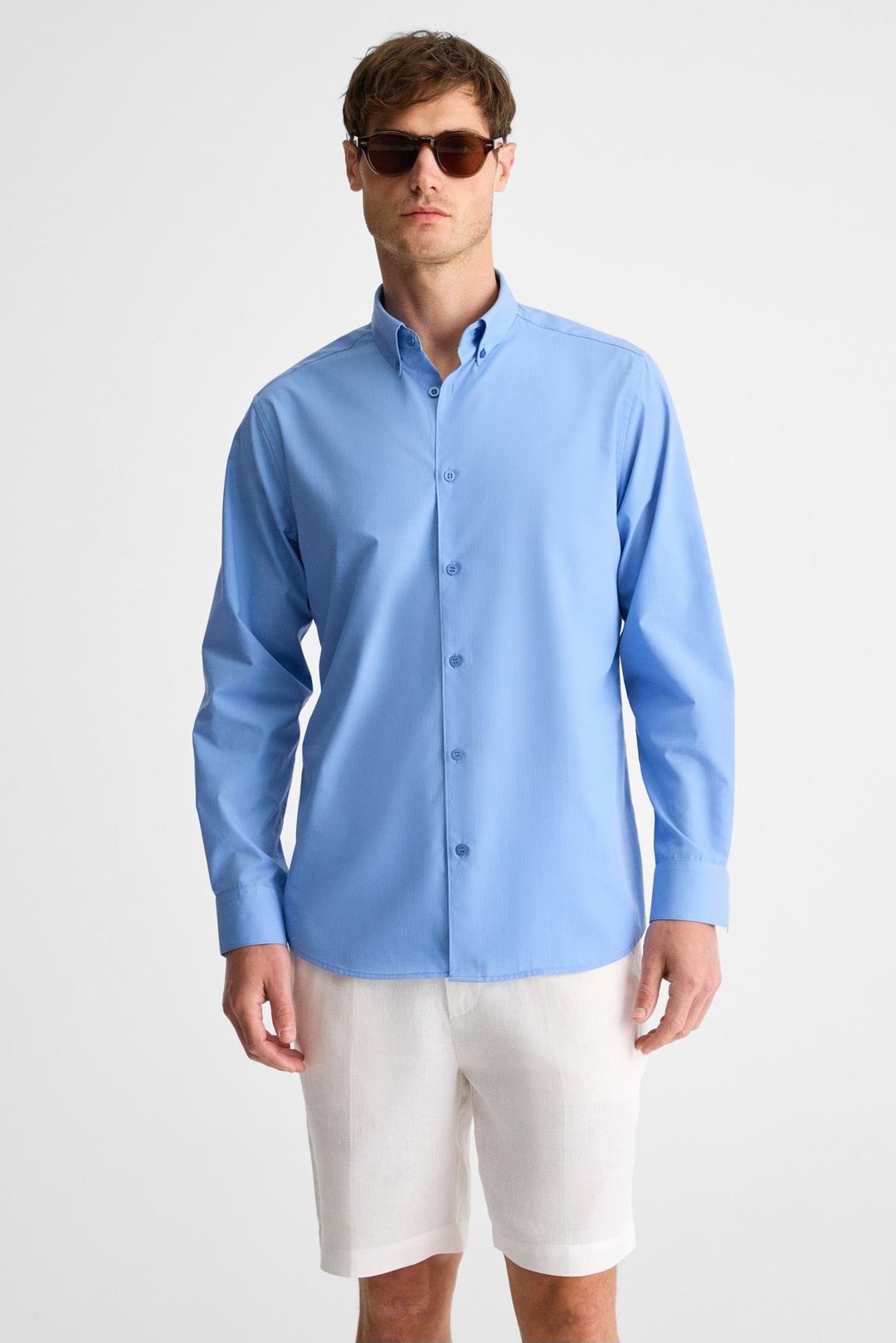 RISTO Erkek Düğmeli Yıkama Sonrası Ütü İhtiyacını En Aza İndiren Kumaş Gömlek Yaka Manşetli Koyu Mavi Gömlek