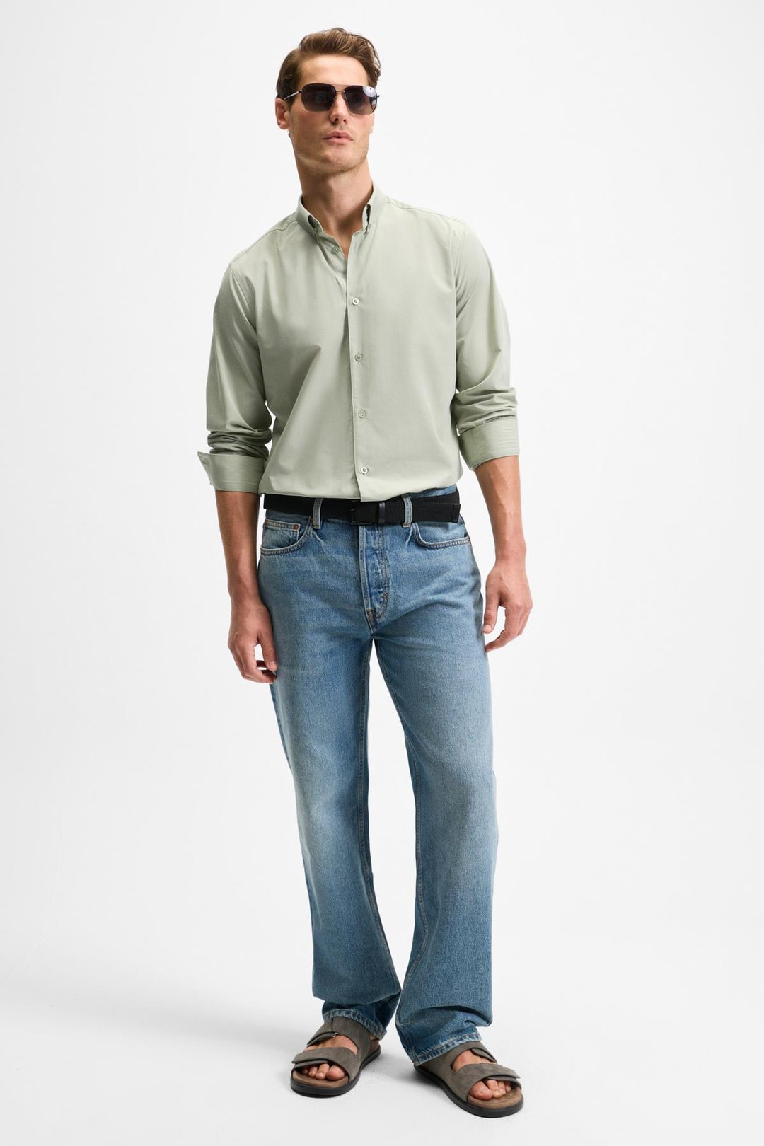 RISTO Erkek Düğmeli Yıkama Sonrası Ütü İhtiyacını En Aza İndiren Kumaş Gömlek Yaka Manşetli Yeşil Gömlek