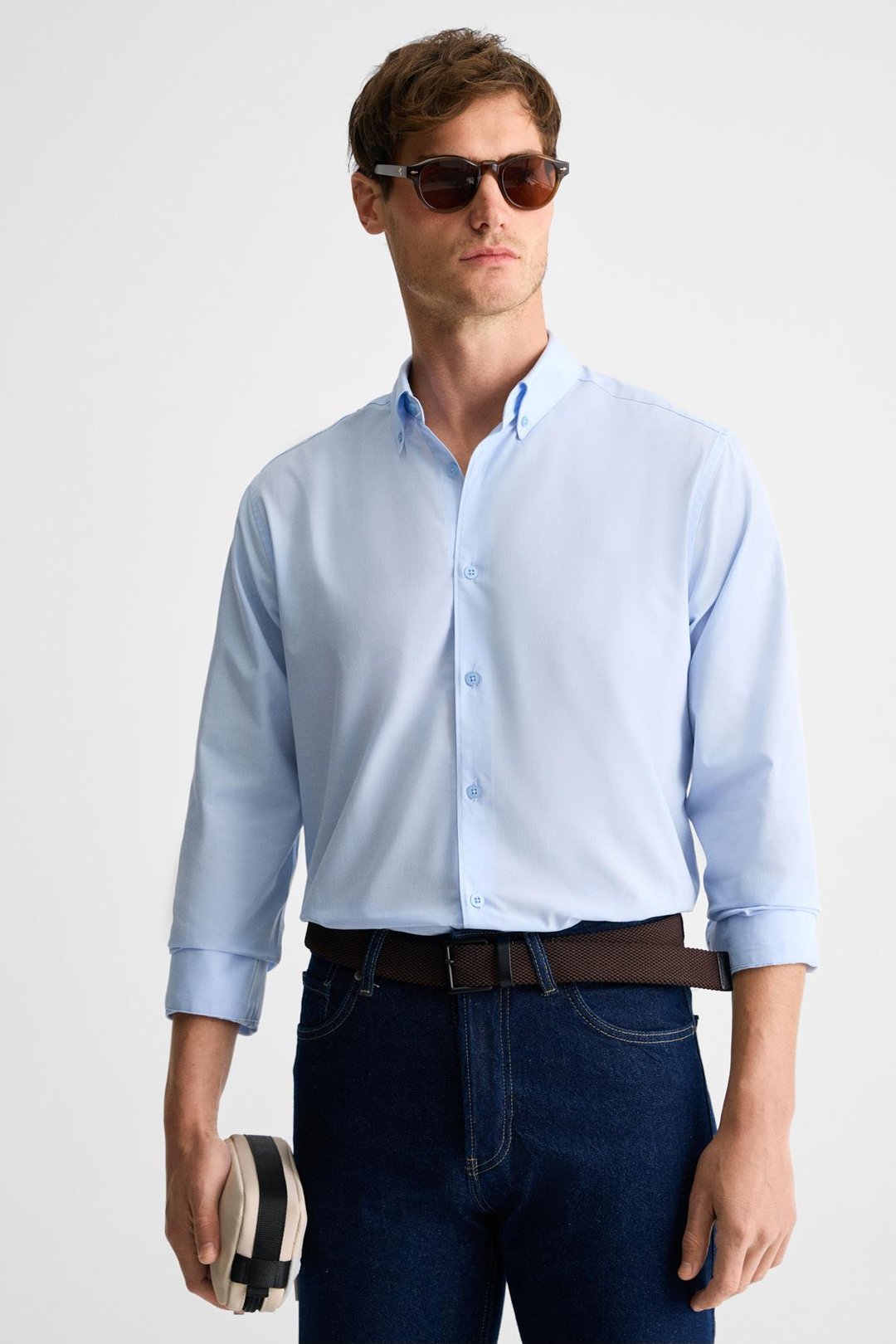 RISTO Erkek Düğmeli Yıkama Sonrası Ütü İhtiyacını En Aza İndiren Kumaş Gömlek Yaka Manşetli Mavi Gömlek