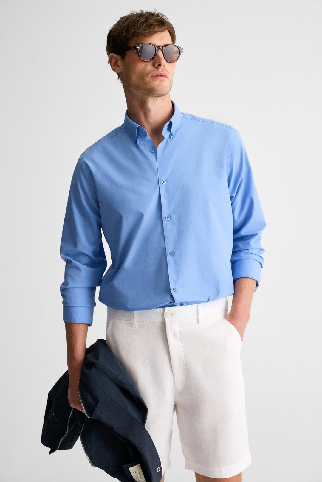 RISTO Erkek Düğmeli Yıkama Sonrası Ütü İhtiyacını En Aza İndiren Kumaş Gömlek Yaka Manşetli Koyu Mavi Gömlek