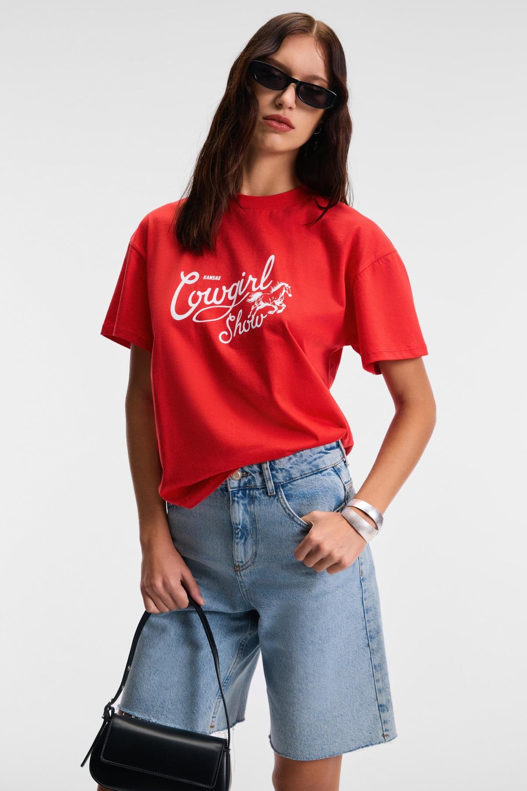 RIVELA Kadın %100 Pamuk Regular Fit Baskılı Bisiklet Yaka Kısa Kol Kırmızı T-Shirt