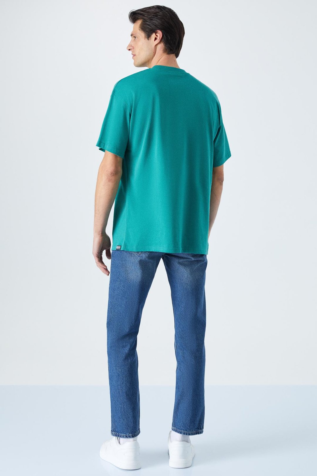 RIVER Erkek Oversize Fit Bol Kesim Nakış İşlemeli Basic Örme Kolej Yeşili T-Shirt