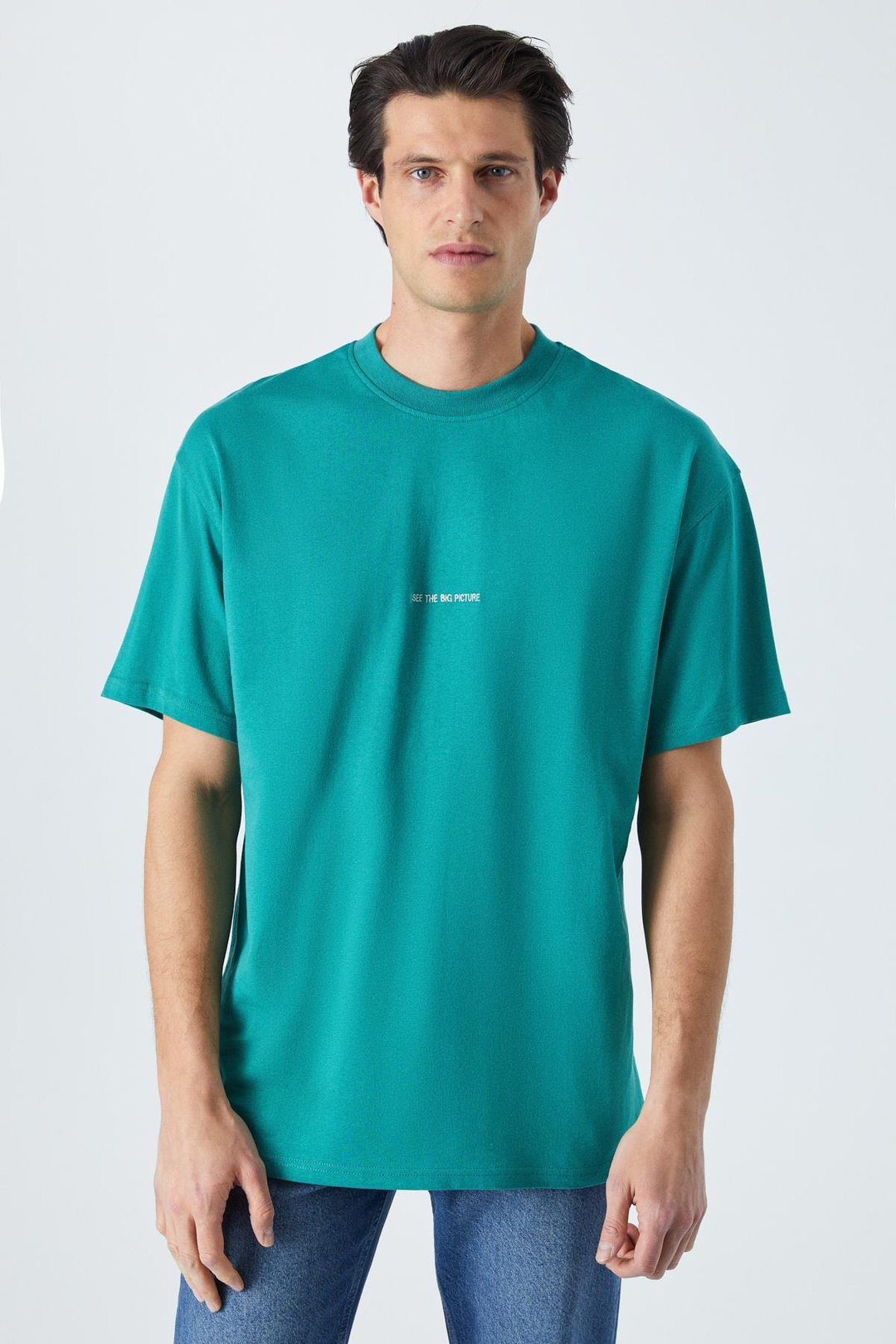RIVER Erkek Oversize Fit Bol Kesim Nakış İşlemeli Basic Örme Kolej Yeşili T-Shirt