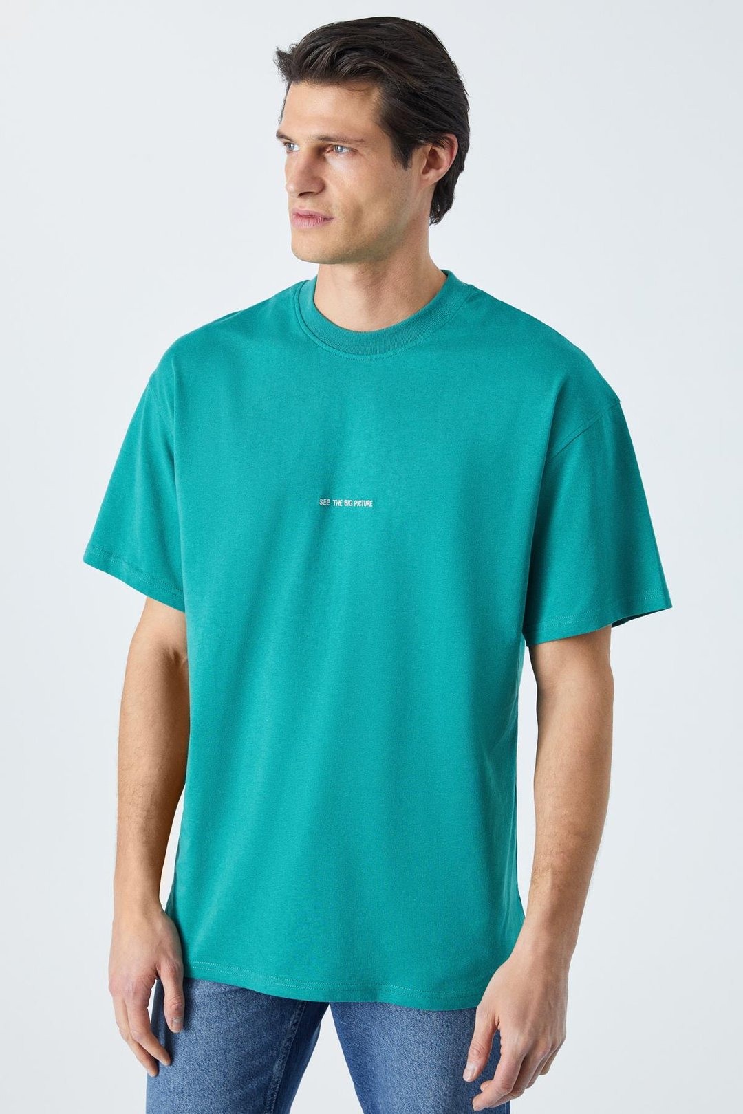 RIVER Erkek Oversize Fit Bol Kesim Nakış İşlemeli Basic Örme Kolej Yeşili T-Shirt