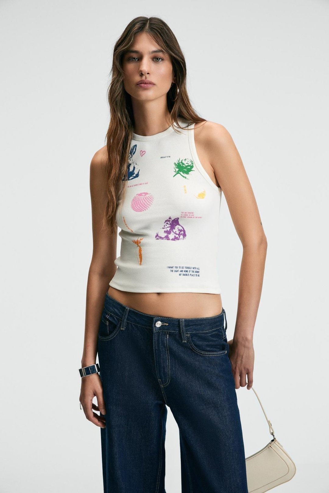 ROFFIE Kadın Bisiklet Yaka Kalın Askılı Önü Baskı Detaylı Crop Ekru Atlet