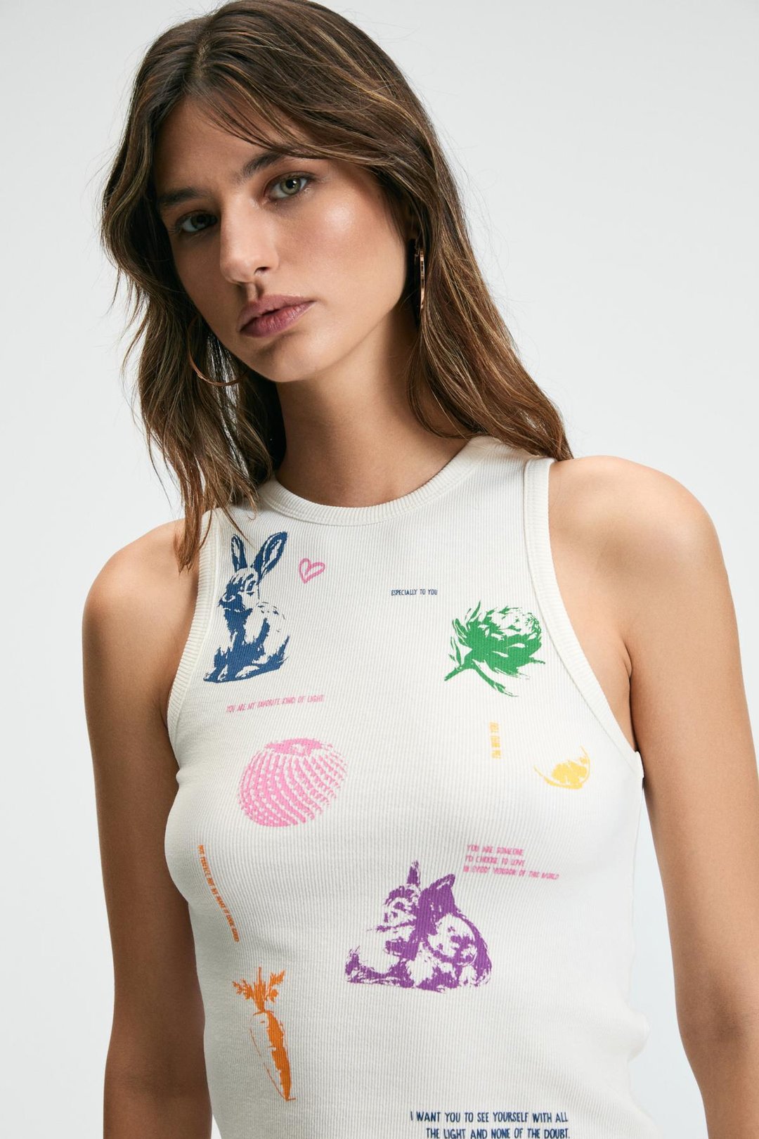 ROFFIE Kadın Bisiklet Yaka Kalın Askılı Önü Baskı Detaylı Crop Ekru Atlet