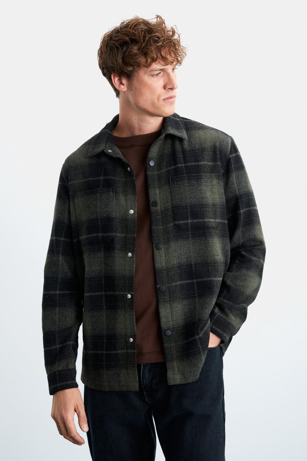 Sagan Erkek Relaxed Fit Rahat Kalıp Oduncu Gömlek Yaka Sıcak Tutan Haki Gömlek