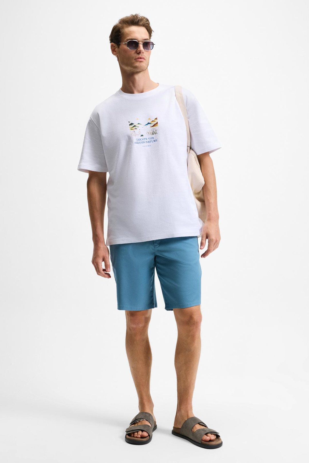 SAGI Erkek %100 Organik Pamuk Ön Arka Baskı Detaylı Bisiklet Yaka Kısa Kollu Oversize Fit Beyaz T-Shirt