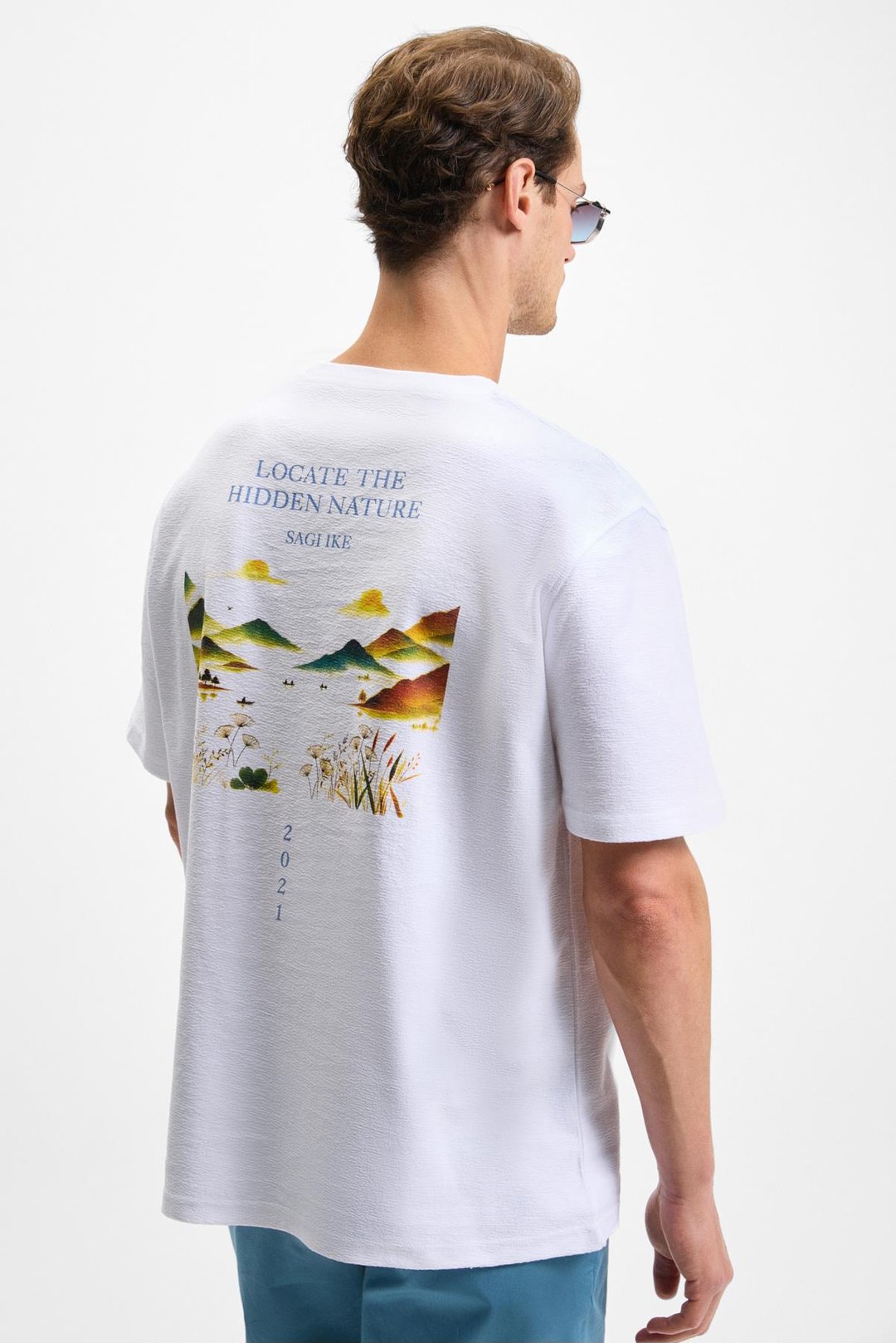 SAGI Erkek %100 Organik Pamuk Ön Arka Baskı Detaylı Bisiklet Yaka Kısa Kollu Oversize Fit Beyaz T-Shirt