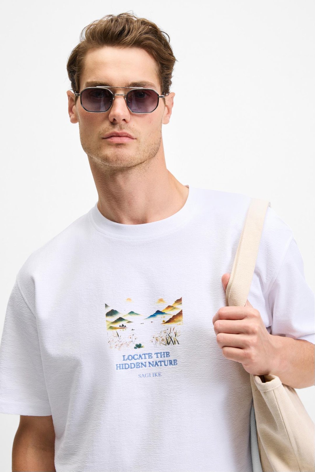 SAGI Erkek %100 Organik Pamuk Ön Arka Baskı Detaylı Bisiklet Yaka Kısa Kollu Oversize Fit Beyaz T-Shirt