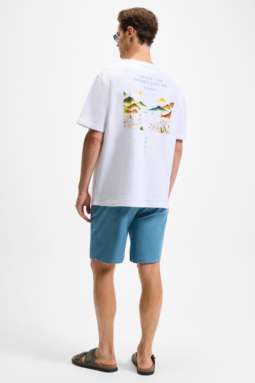 SAGI Erkek %100 Organik Pamuk Ön Arka Baskı Detaylı Bisiklet Yaka Kısa Kollu Oversize Fit Beyaz T-Shirt