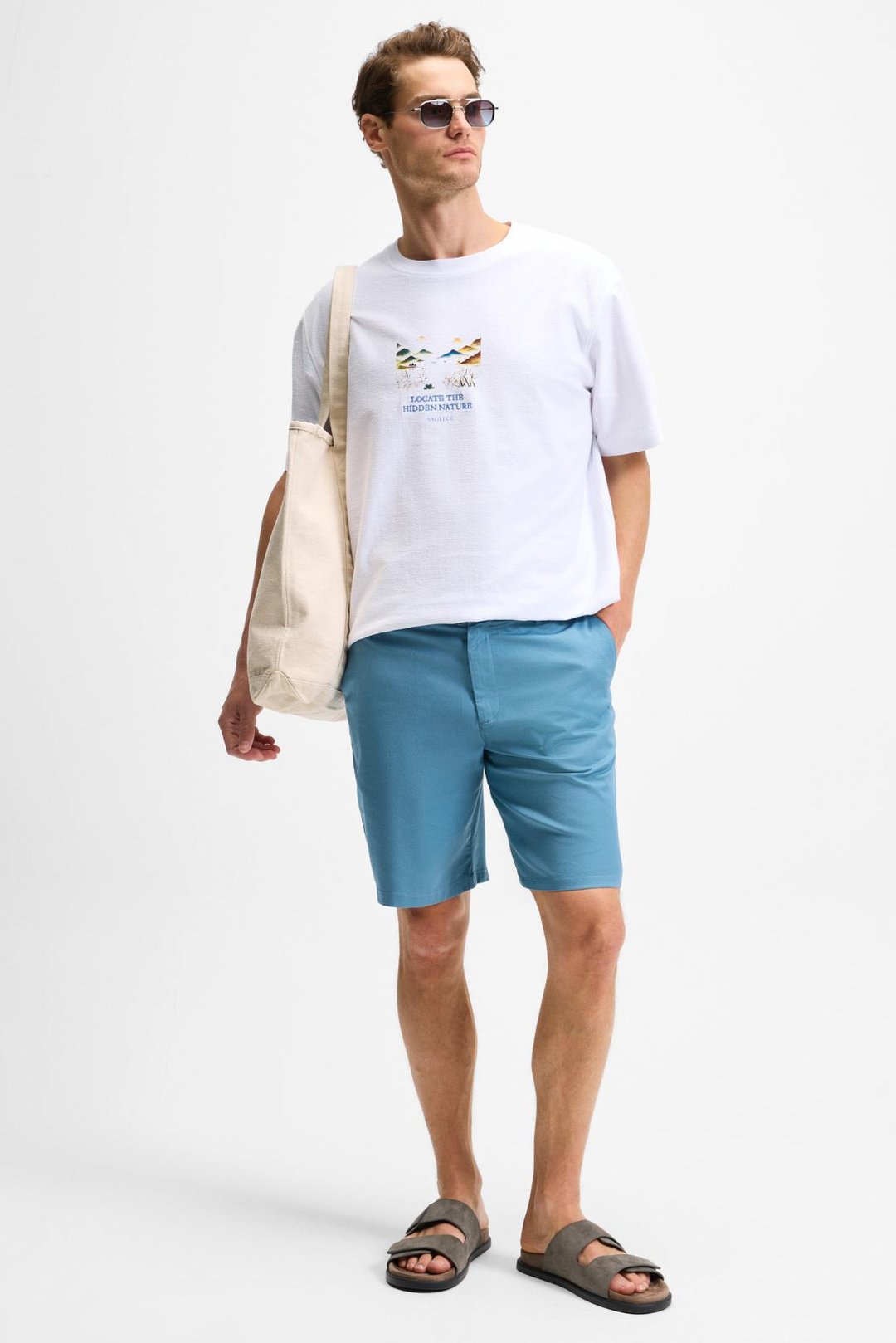 SAGI Erkek %100 Organik Pamuk Ön Arka Baskı Detaylı Bisiklet Yaka Kısa Kollu Oversize Fit Beyaz T-Shirt