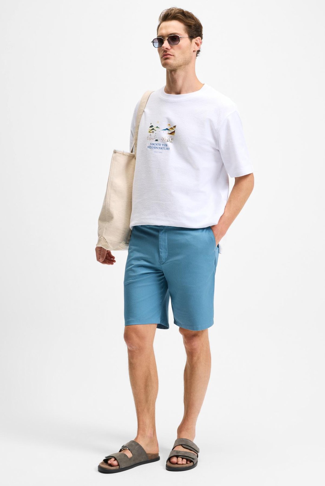 SAGI Erkek %100 Organik Pamuk Ön Arka Baskı Detaylı Bisiklet Yaka Kısa Kollu Oversize Fit Beyaz T-Shirt