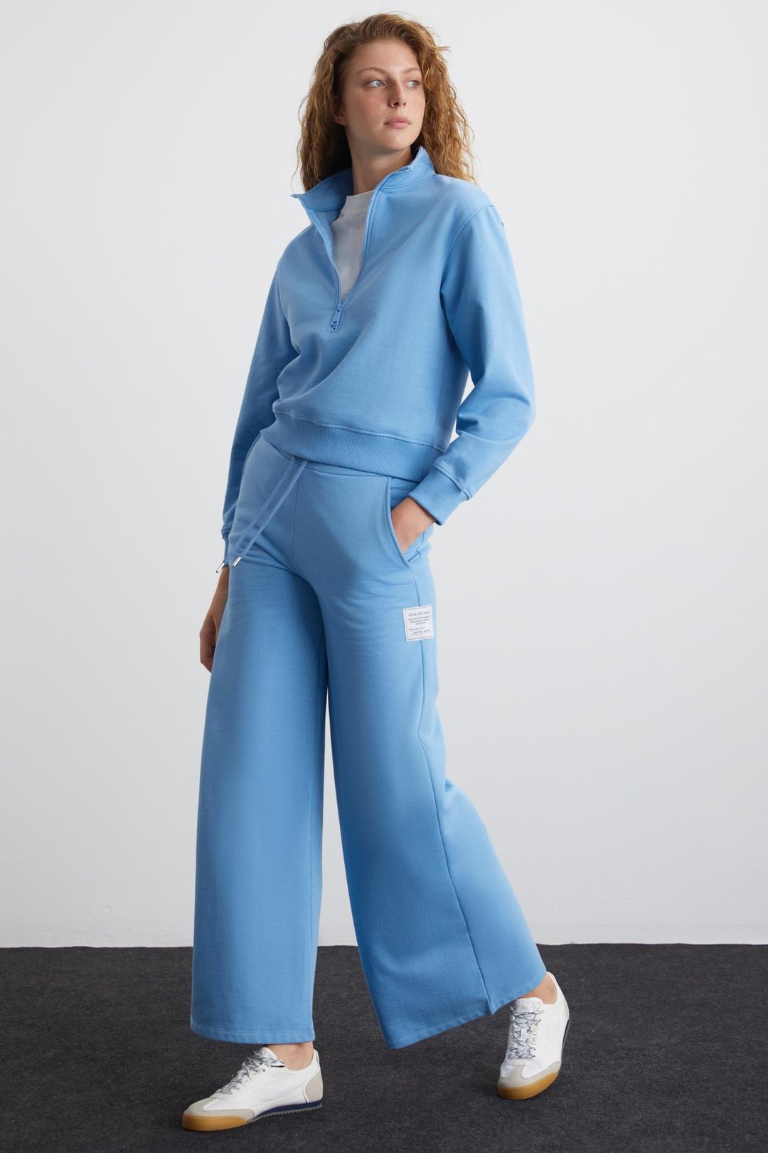 SAILENIS Kadın Yumuşacık İçi Şardonlu Organik Pamuk Yarım Fermuarlı Regular Mavi Sweatshirt