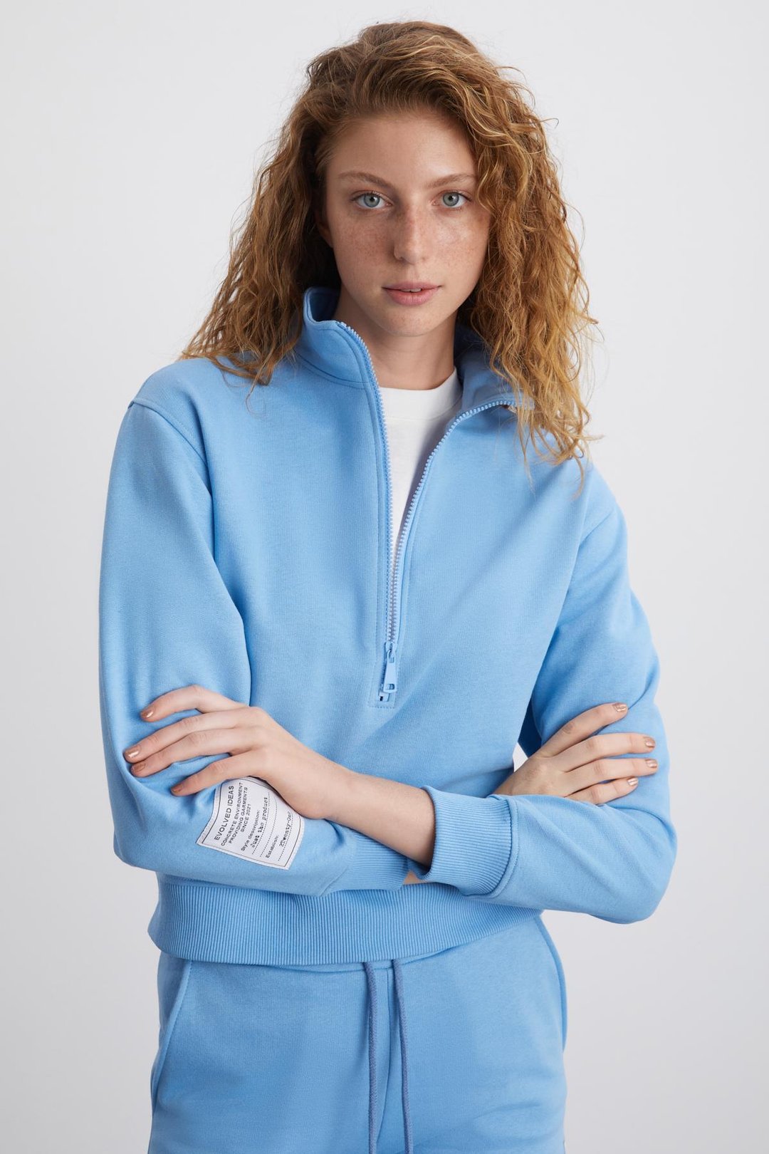 SAILENIS Kadın Yumuşacık İçi Şardonlu Organik Pamuk Yarım Fermuarlı Regular Mavi Sweatshirt