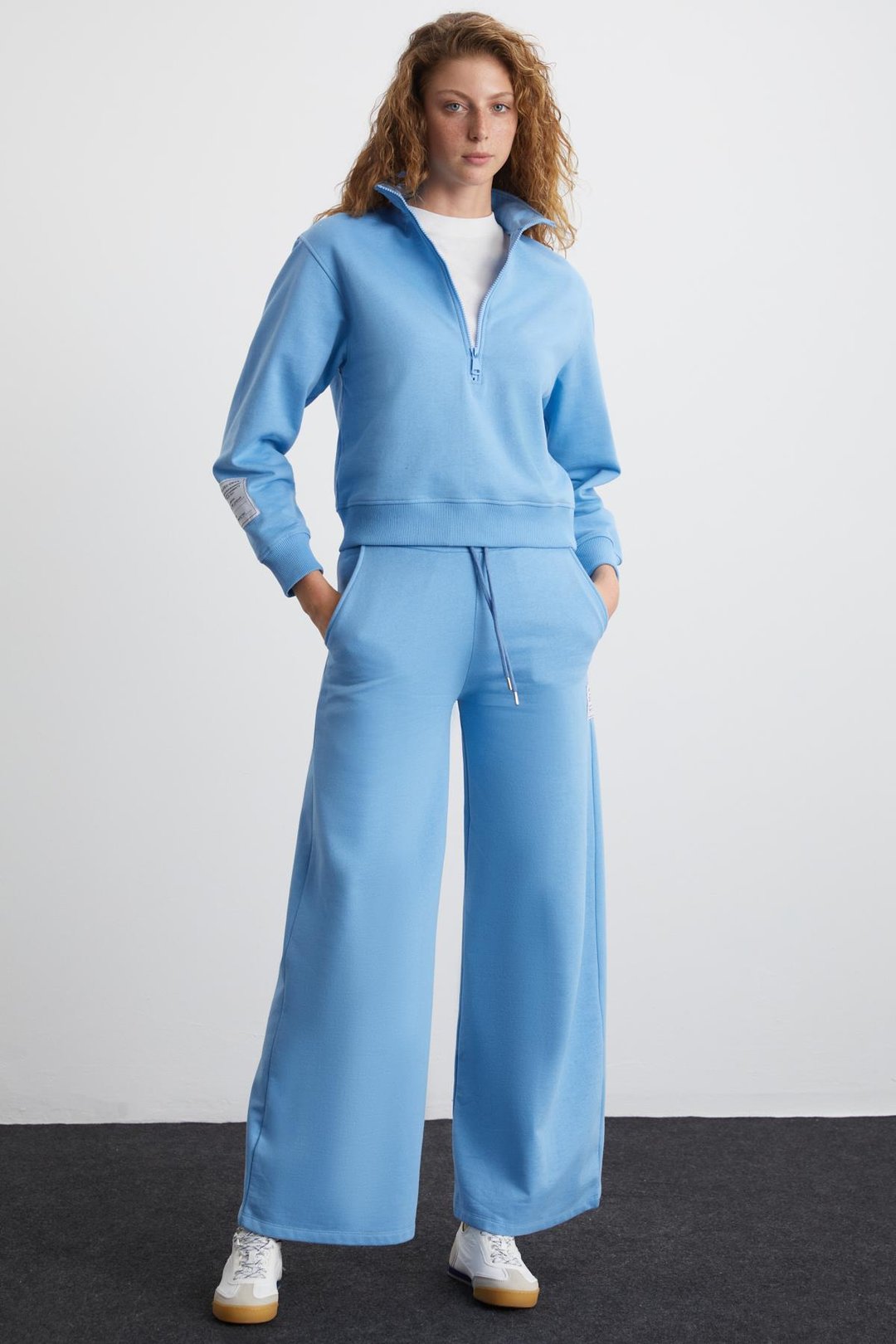 SAILENIS Kadın Yumuşacık İçi Şardonlu Organik Pamuk Yarım Fermuarlı Regular Mavi Sweatshirt