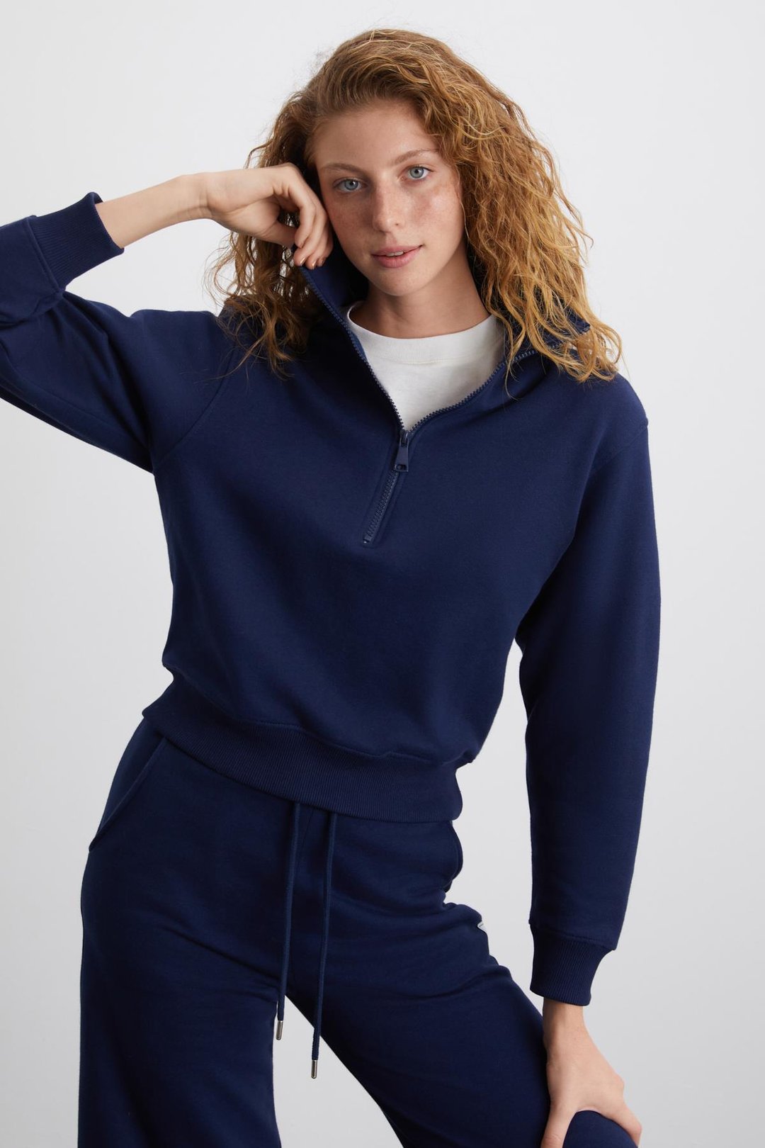 SAILENIS Kadın Yumuşacık İçi Şardonlu Organik Pamuk Yarım Fermuarlı Regular Lacivert Sweatshirt