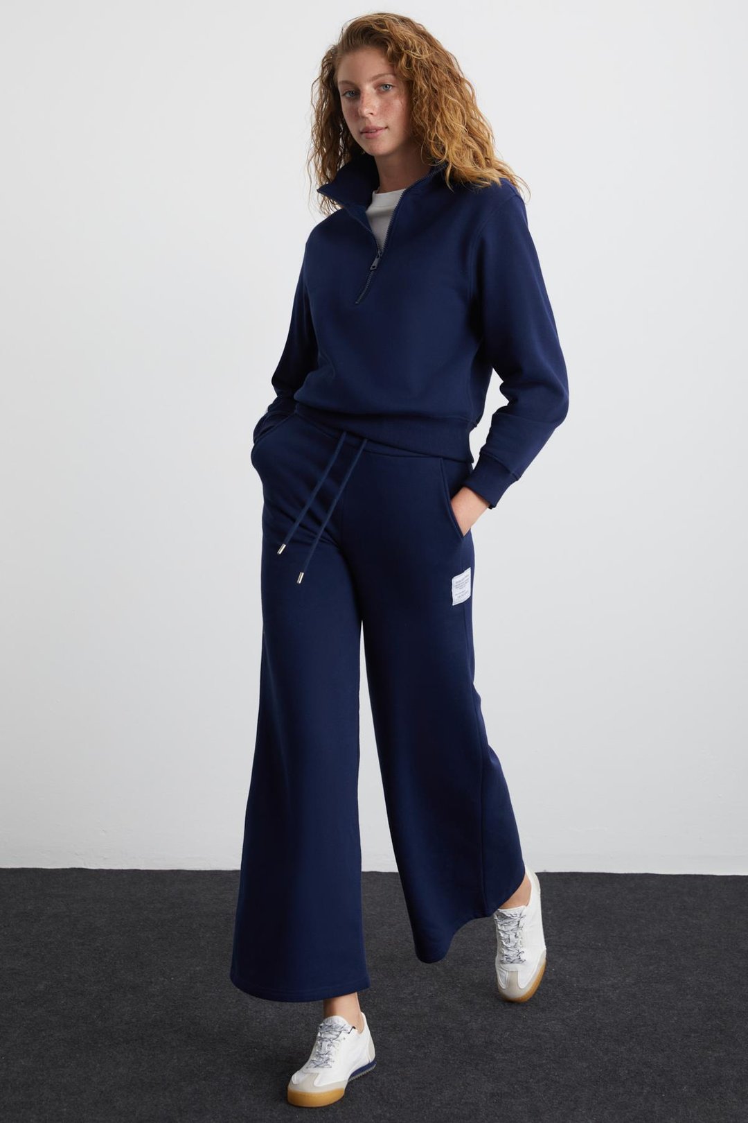 SAILENIS Kadın Yumuşacık İçi Şardonlu Organik Pamuk Yarım Fermuarlı Regular Lacivert Sweatshirt